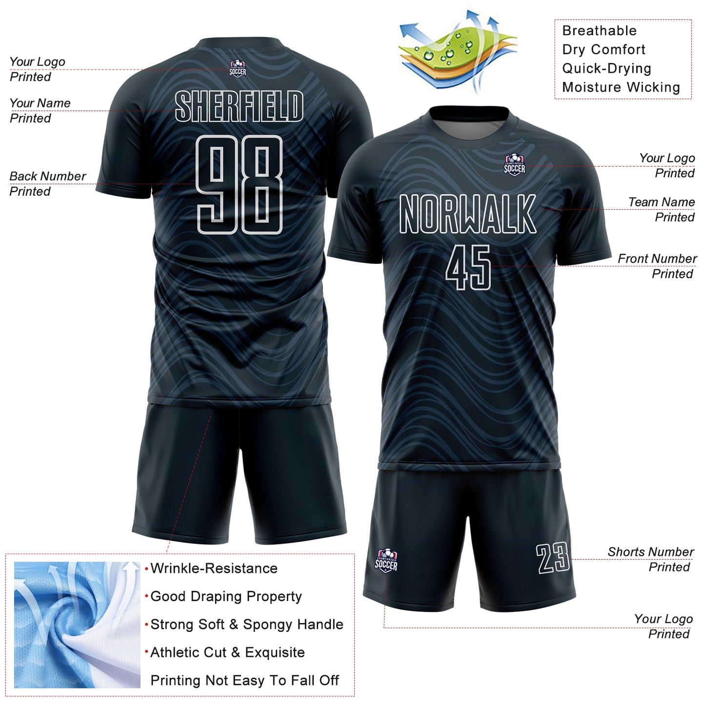 Custom Navy White Wavy Lines Sublimation Soccer Uniform Jersey view 4
