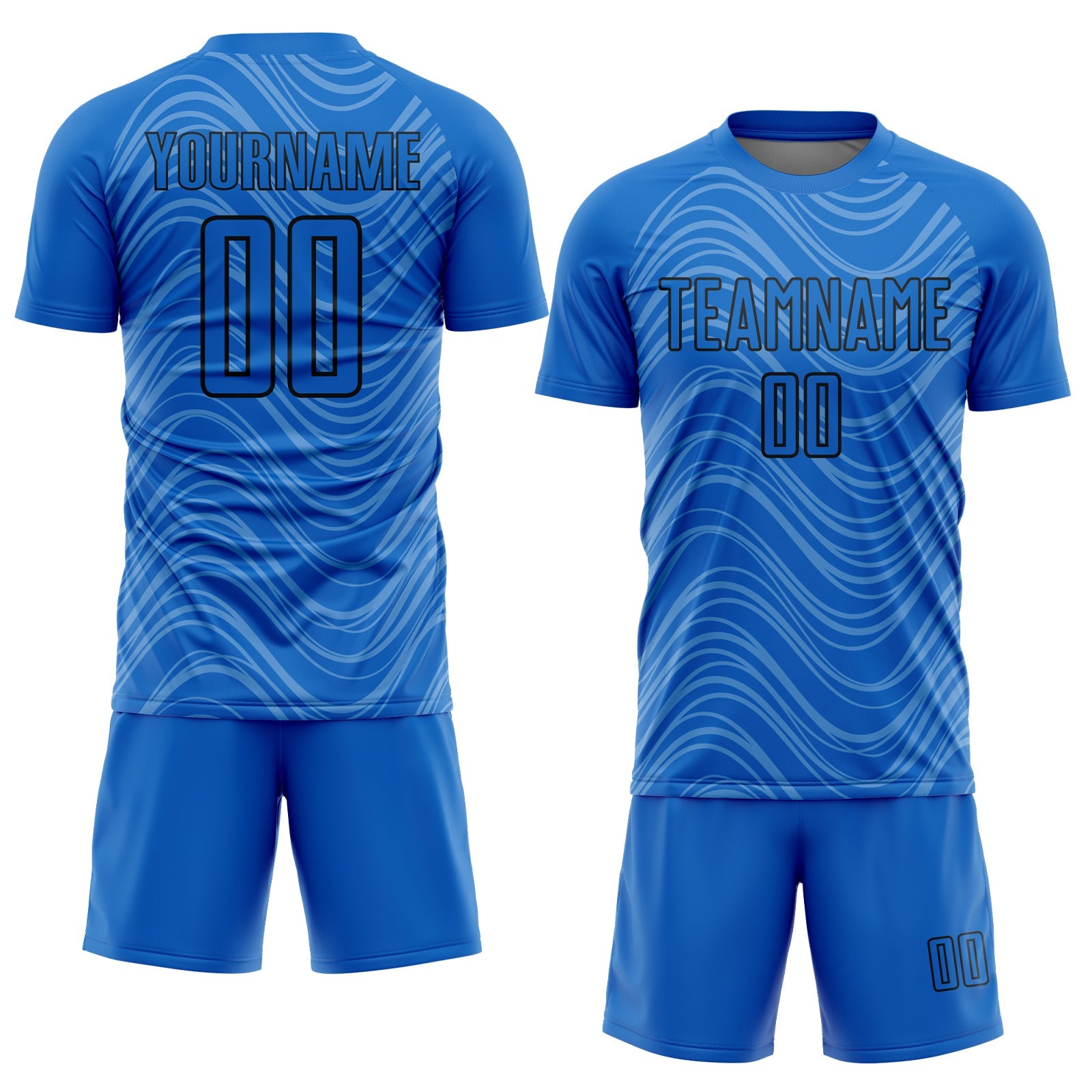 Custom Sky Blue Black Wavy Lines Sublimation Soccer Uniform Jersey view 2
