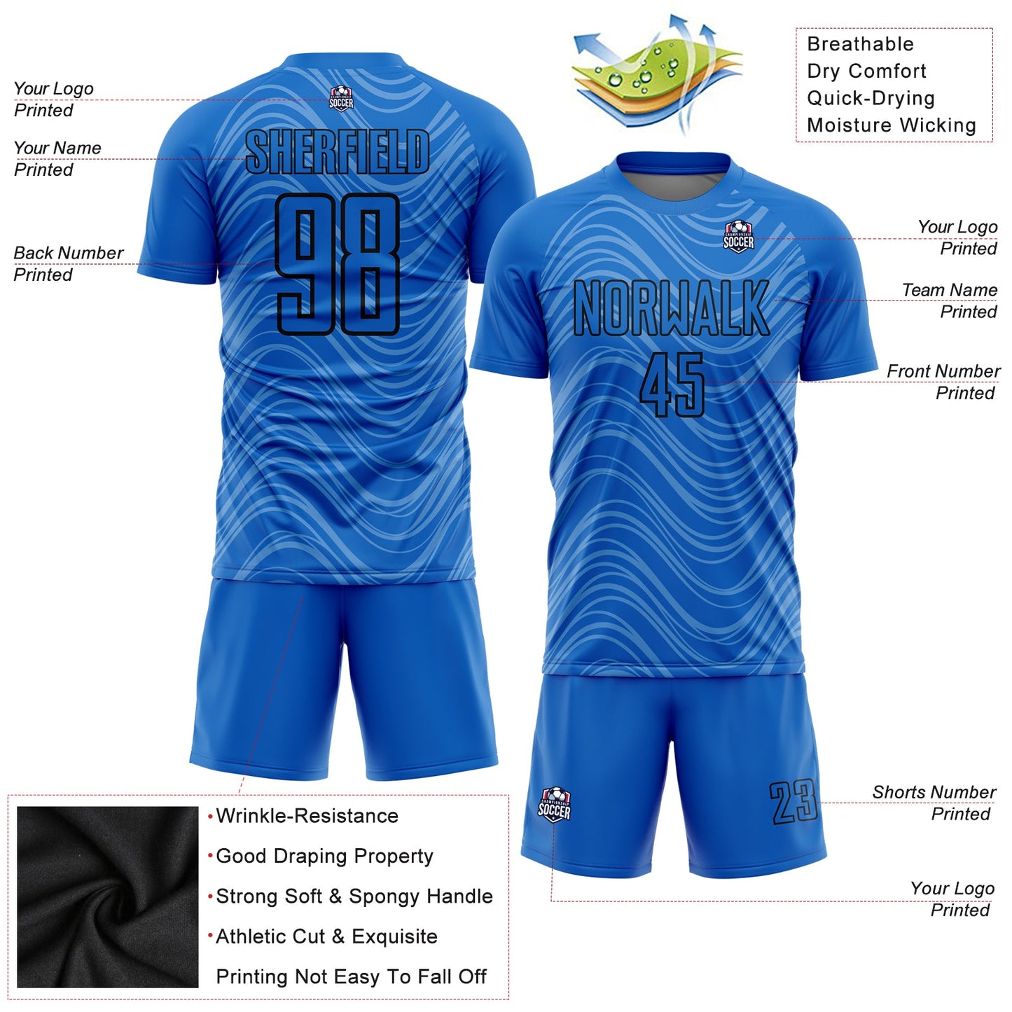 Custom Sky Blue Black Wavy Lines Sublimation Soccer Uniform Jersey view 4