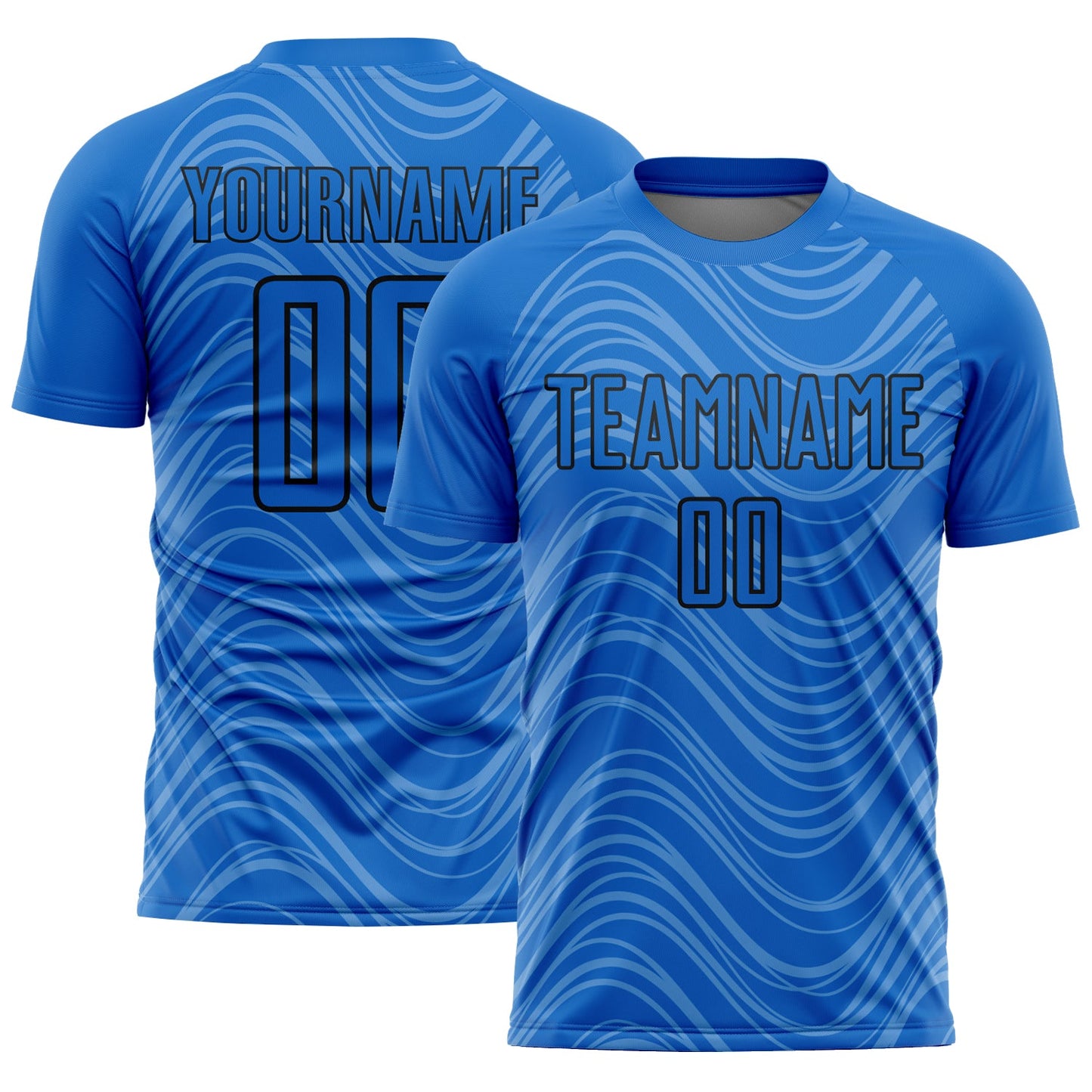 Custom Sky Blue Black Wavy Lines Sublimation Soccer Uniform Jersey - Main View