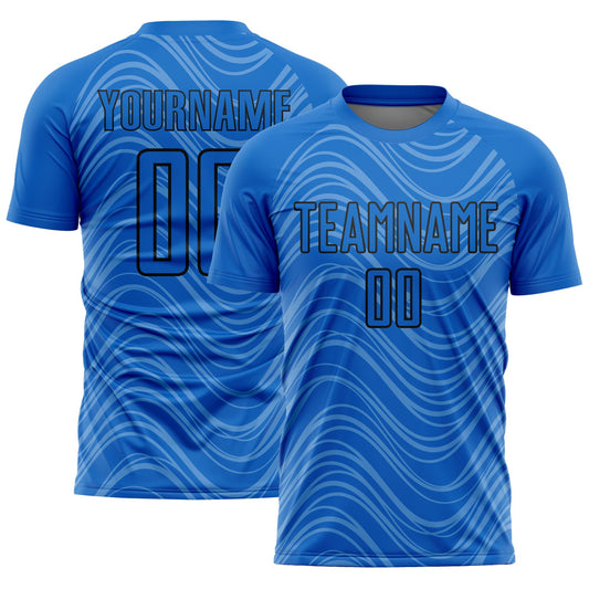 Custom Sky Blue Black Wavy Lines Sublimation Soccer Uniform Jersey - Main View