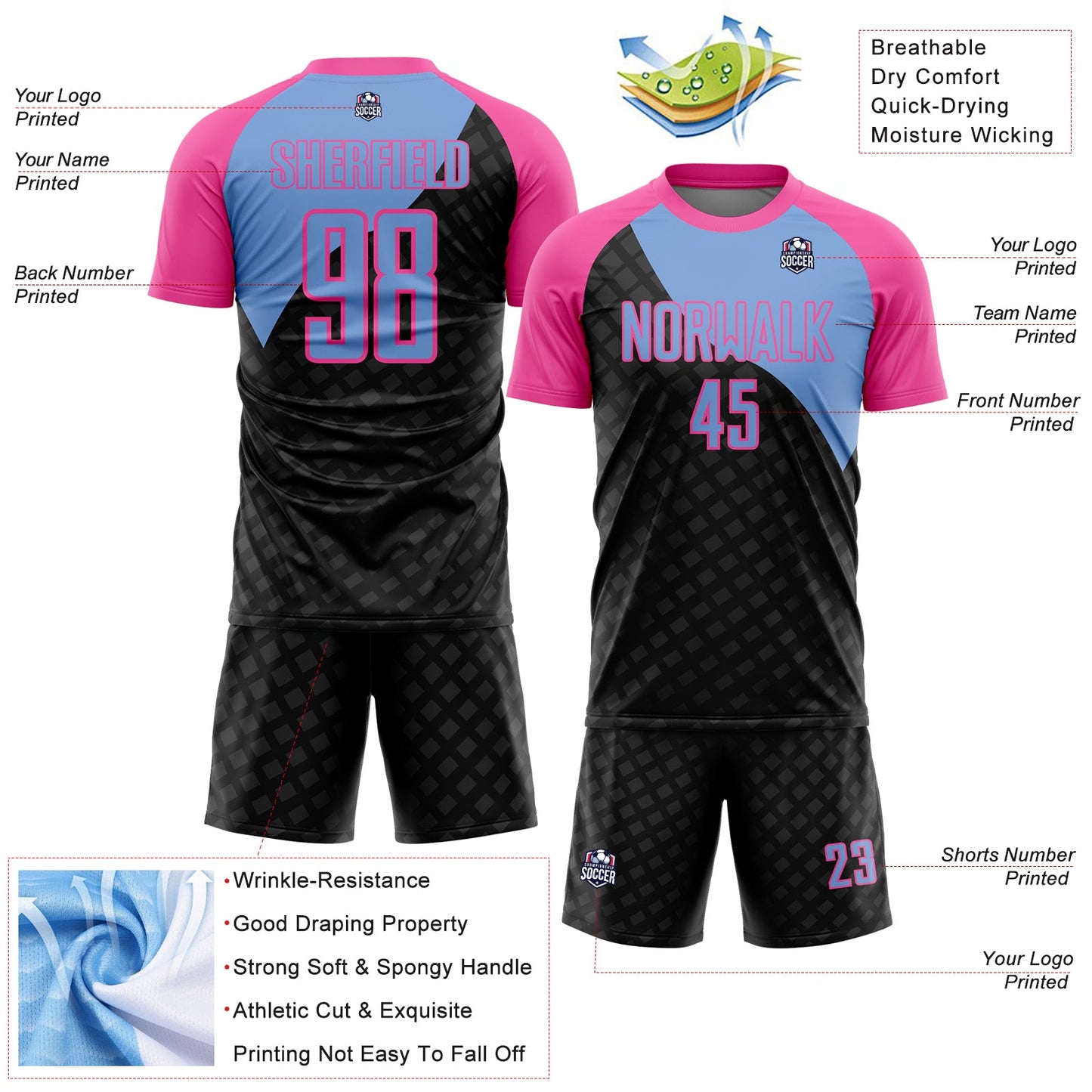 Custom Black Light Blue-Pink Curve Lines Sublimation Soccer Uniform Jersey view 4