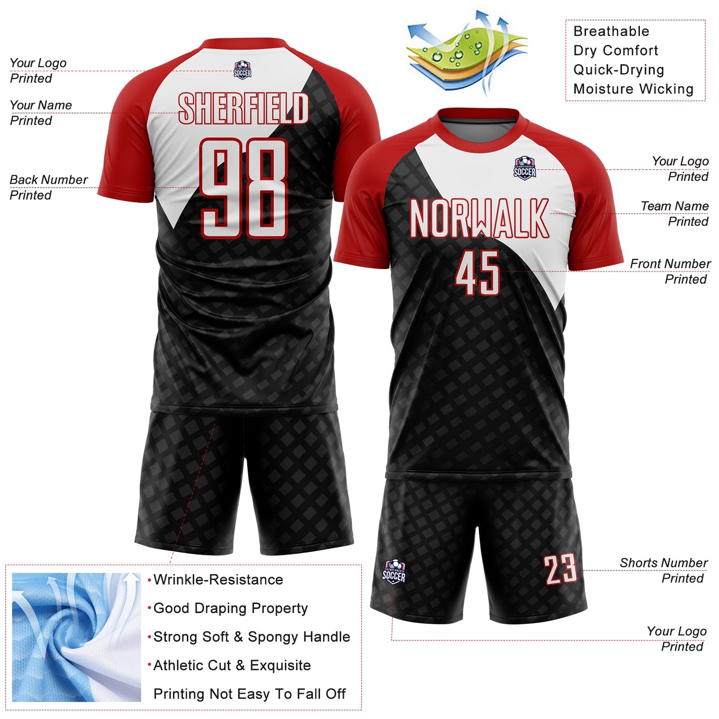 Custom Black White-Red Curve Lines Sublimation Soccer Uniform Jersey view 4