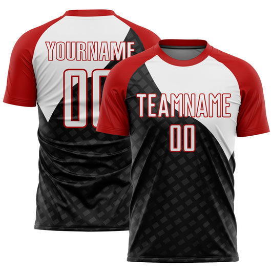 Custom Black White-Red Curve Lines Sublimation Soccer Uniform Jersey - Main View