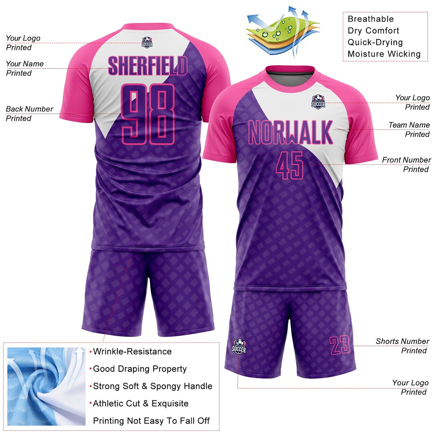 Custom Purple Pink-White Curve Lines Sublimation Soccer Uniform Jersey view 4