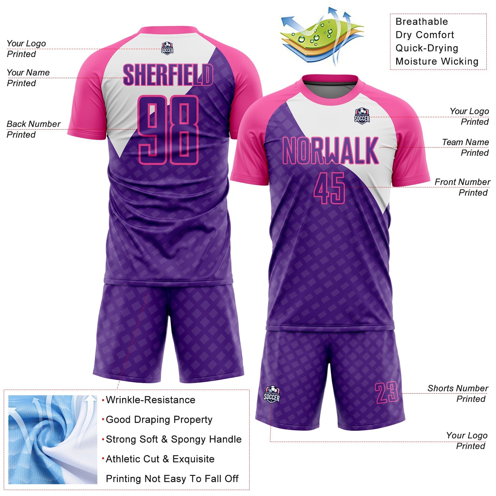 Custom Purple Pink-White Curve Lines Sublimation Soccer Uniform Jersey view 4