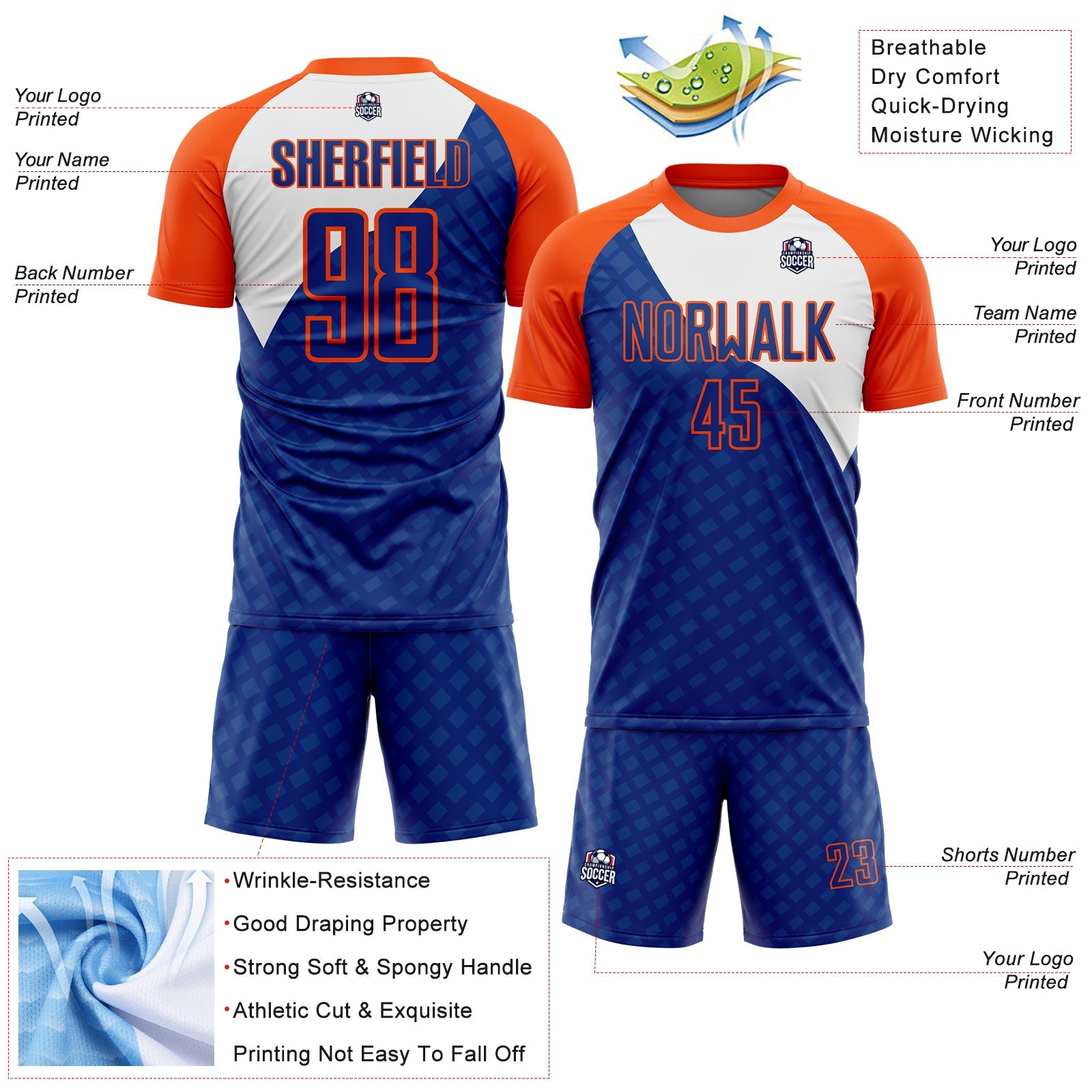 Custom Royal Orange-White Curve Lines Sublimation Soccer Uniform Jersey view 4