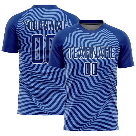 Custom Royal Light Blue-White Wavy Lines Sublimation Soccer Uniform Jersey - Main View