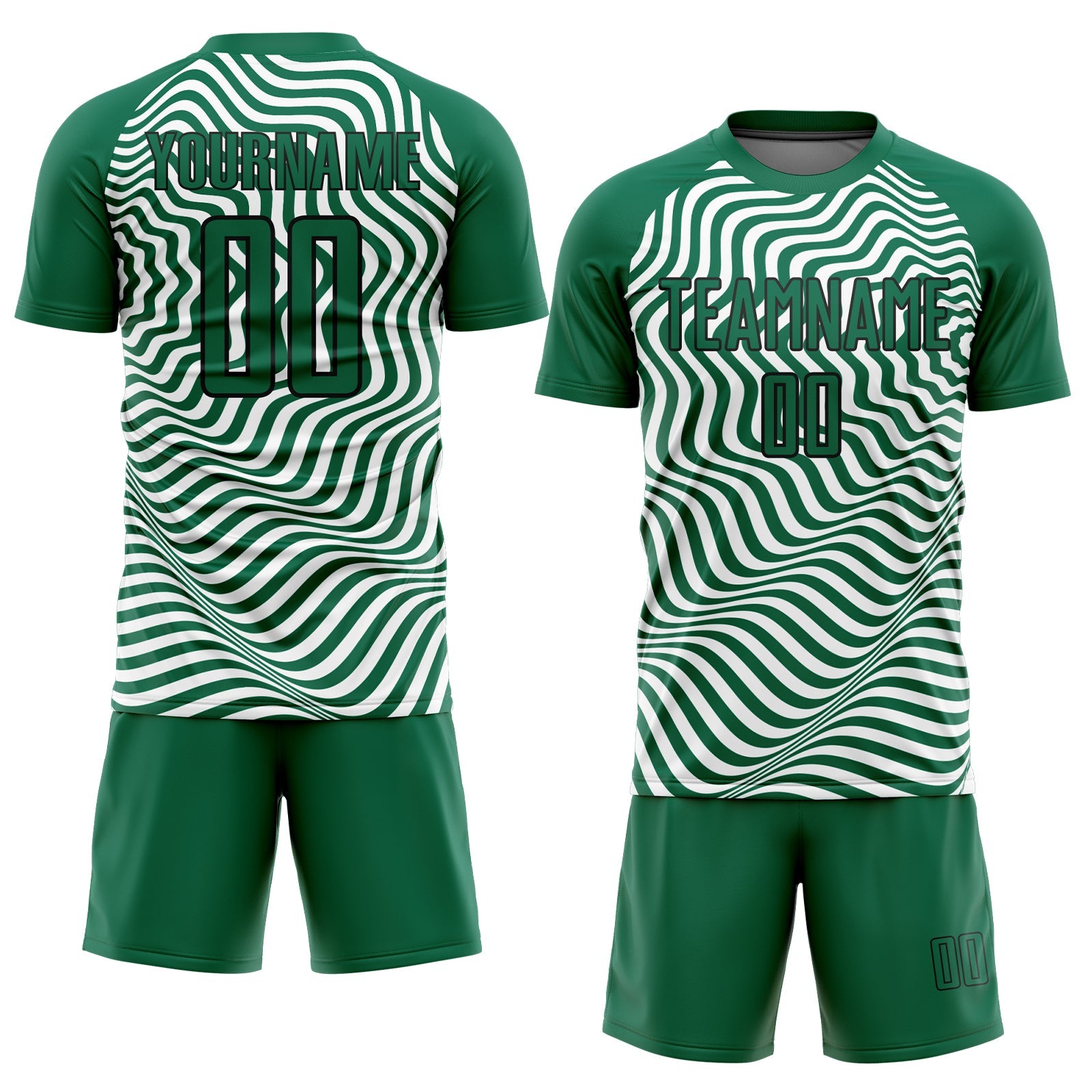 Custom Kelly Green Black-White Wavy Lines Sublimation Soccer Uniform Jersey view 2