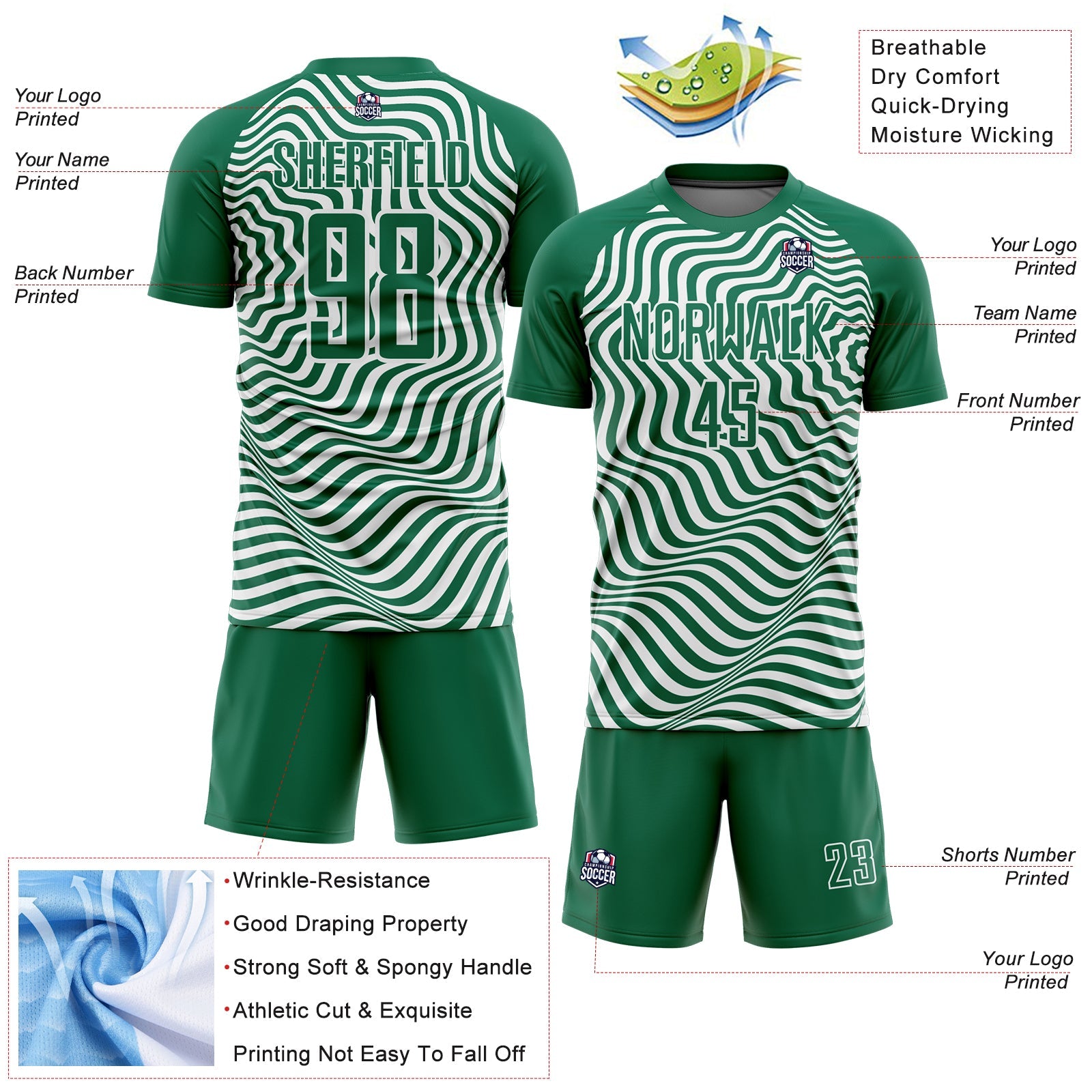 Custom Kelly Green Black-White Wavy Lines Sublimation Soccer Uniform Jersey view 4