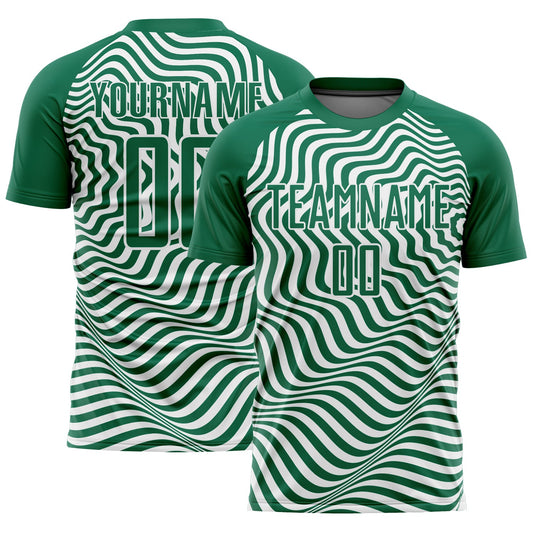 Custom Kelly Green Black-White Wavy Lines Sublimation Soccer Uniform Jersey - Main View