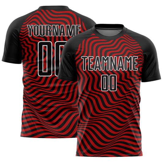 Custom Black Red-White Wavy Lines Sublimation Soccer Uniform Jersey - Main View