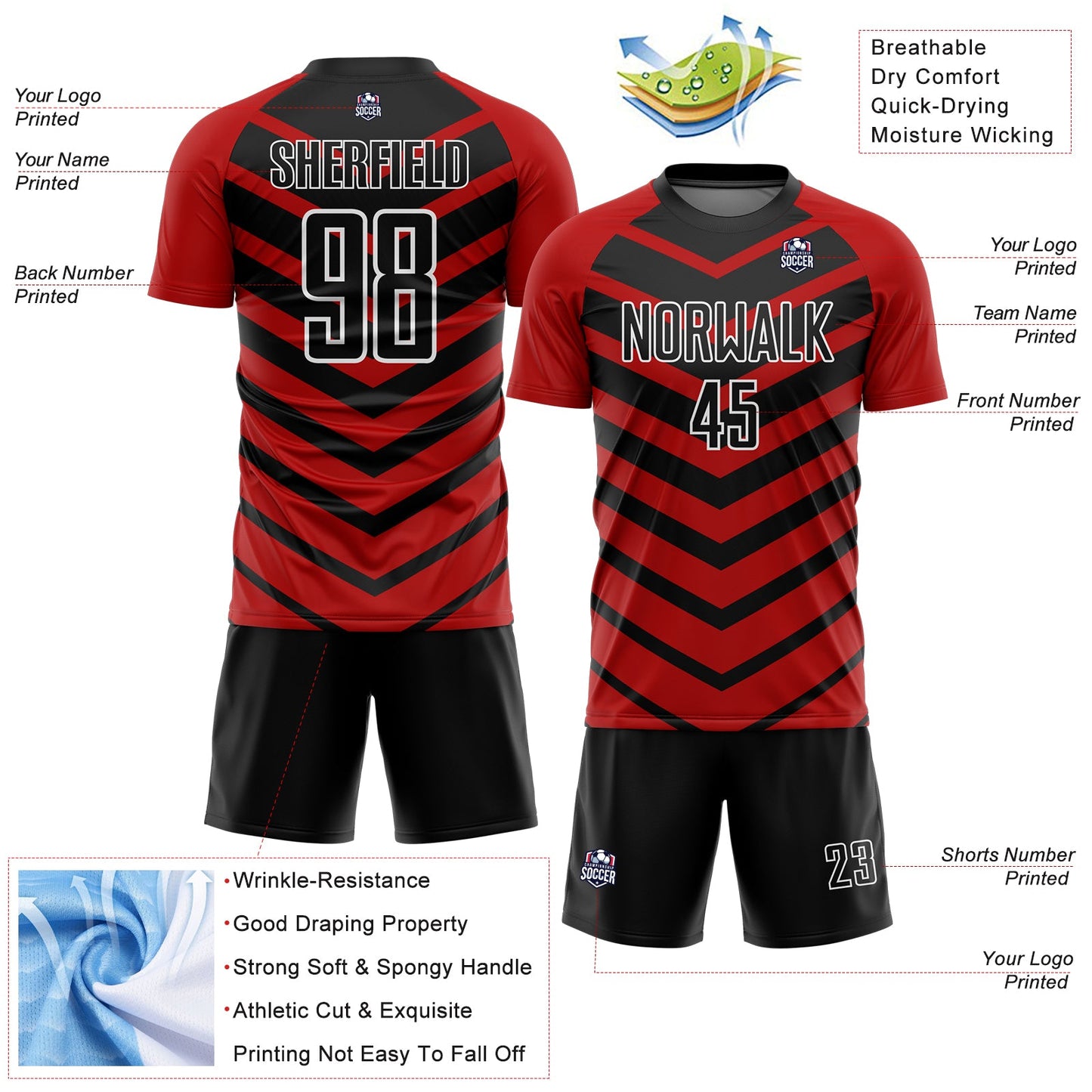 Custom Black Red-White Arrow Shapes Sublimation Soccer Uniform Jersey view 4