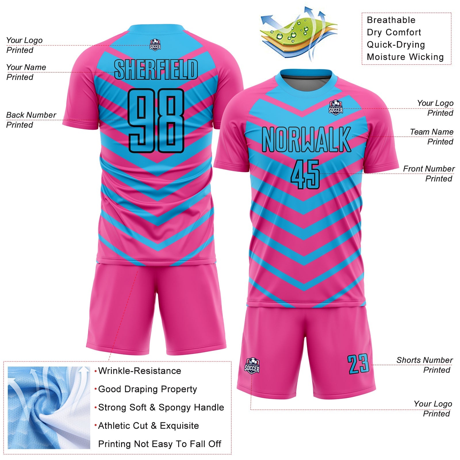 Custom Pink Sky Blue-Black Arrow Shapes Sublimation Soccer Uniform Jersey view 4