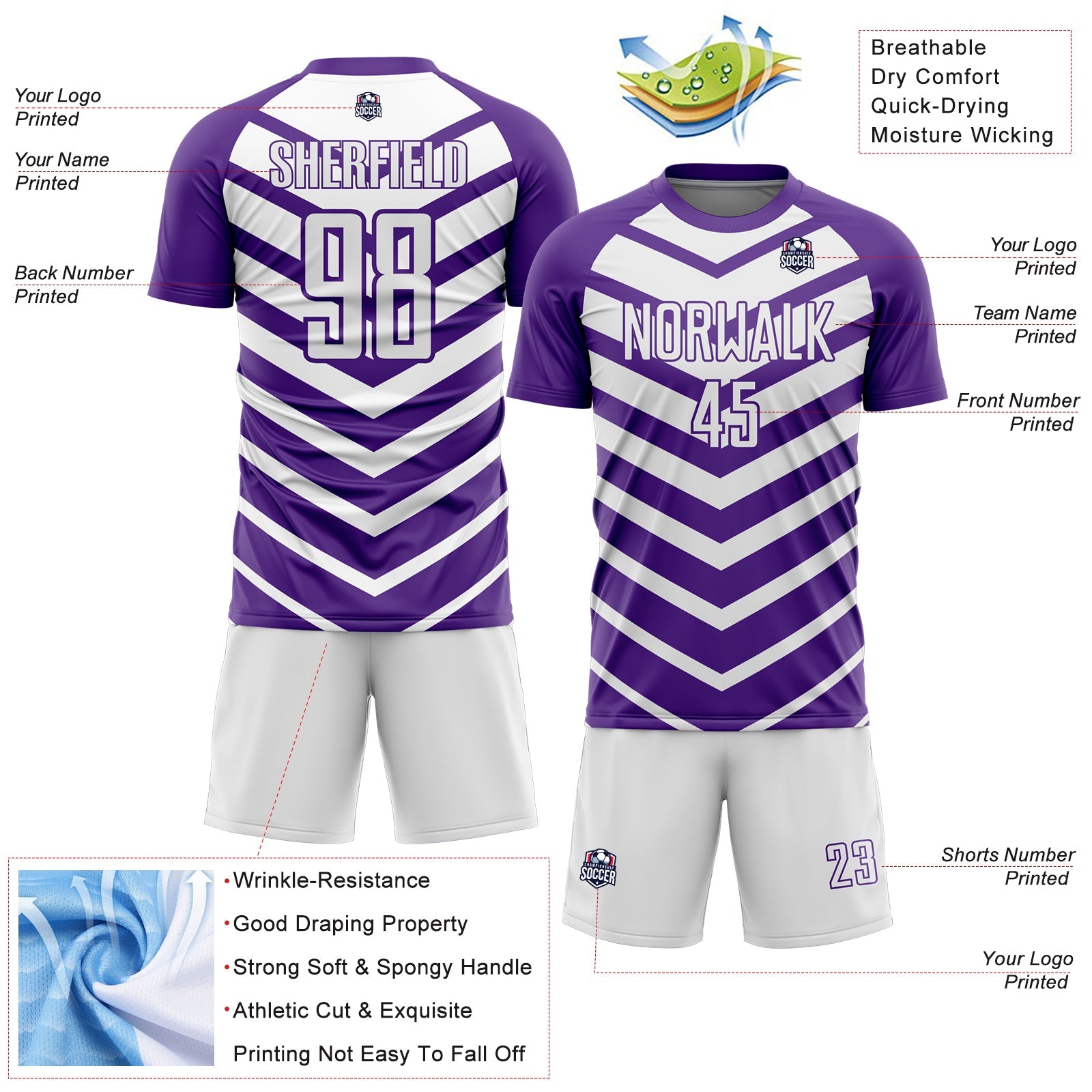 Custom Purple White Arrow Shapes Sublimation Soccer Uniform Jersey view 4