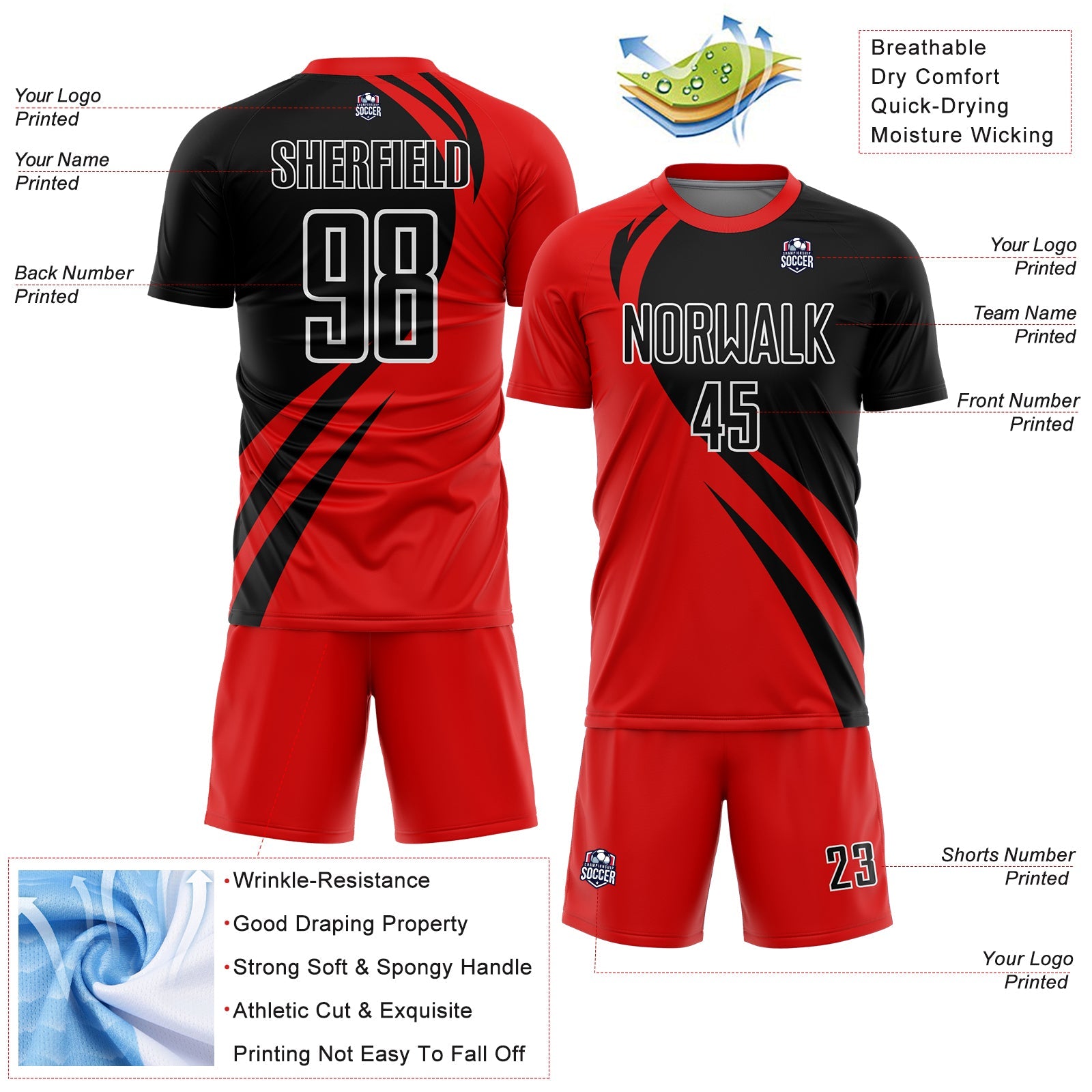 Custom Red Black-White Curve Lines Sublimation Soccer Uniform Jersey view 4