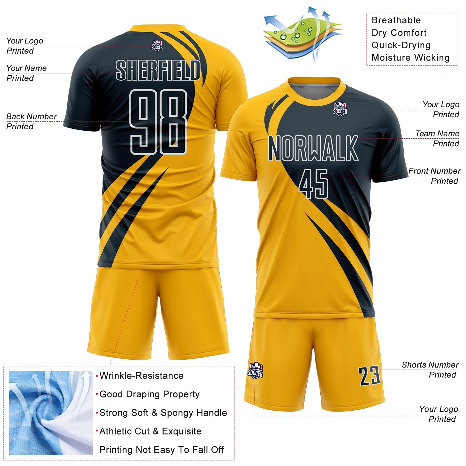 Custom Gold Navy-White Curve Lines Sublimation Soccer Uniform Jersey view 4