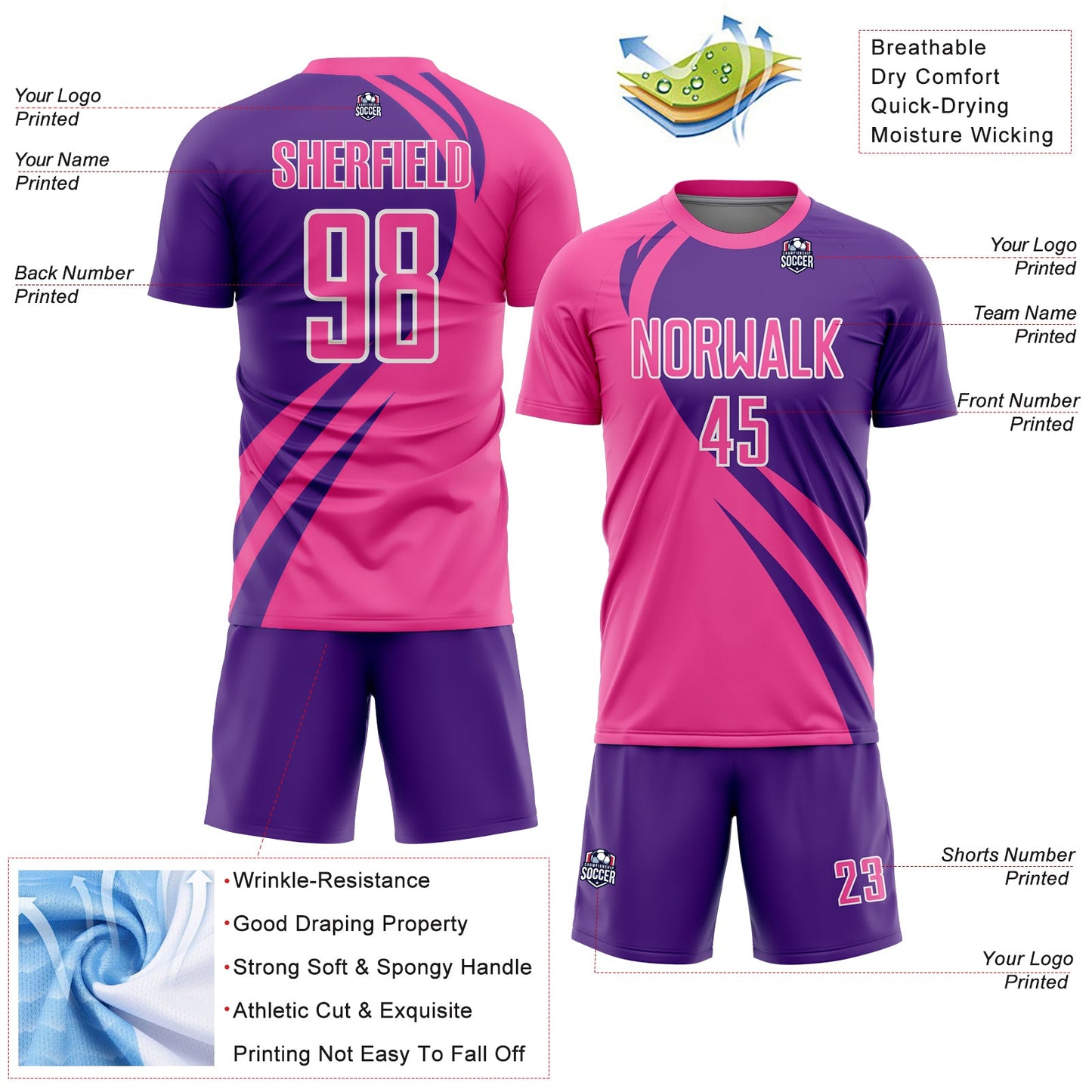 Custom Pink Purple-White Curve Lines Sublimation Soccer Uniform Jersey view 4