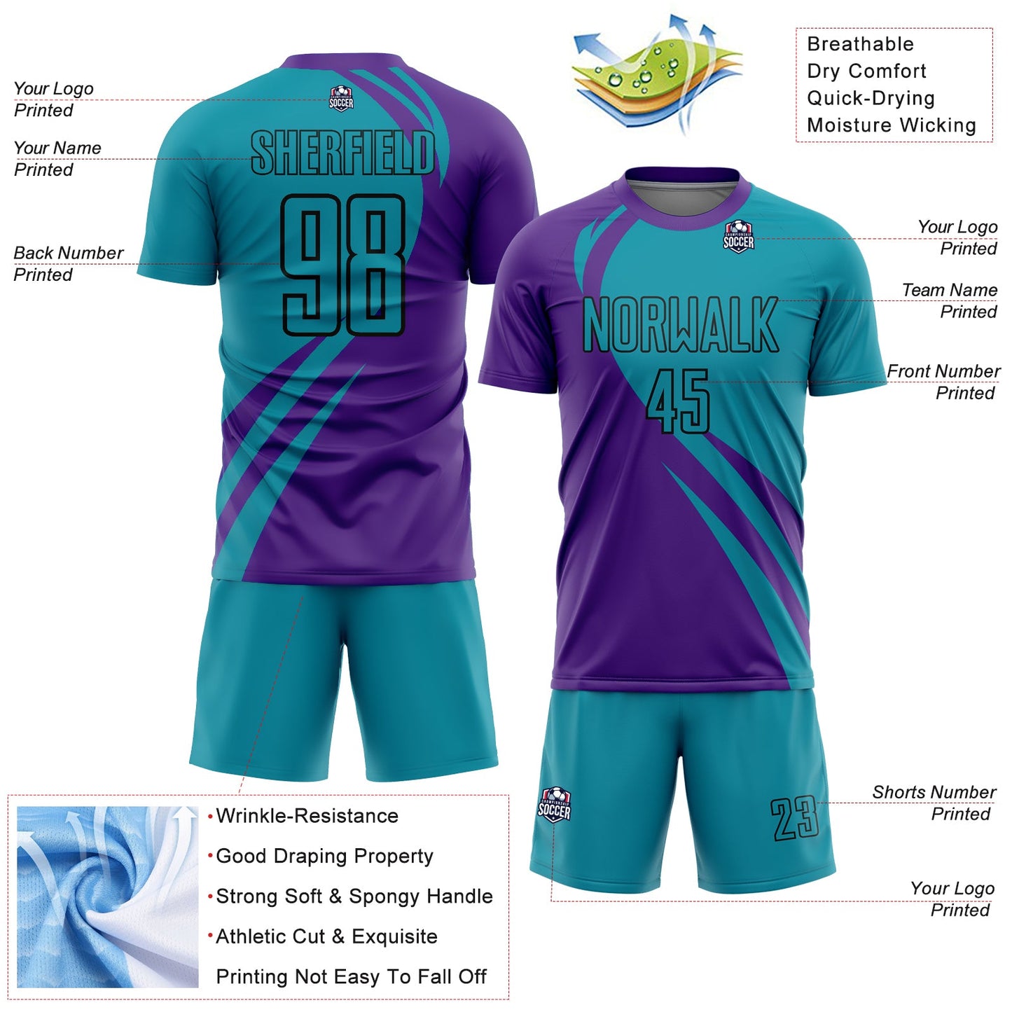 Custom Purple Teal-Black Curve Lines Sublimation Soccer Uniform Jersey view 4