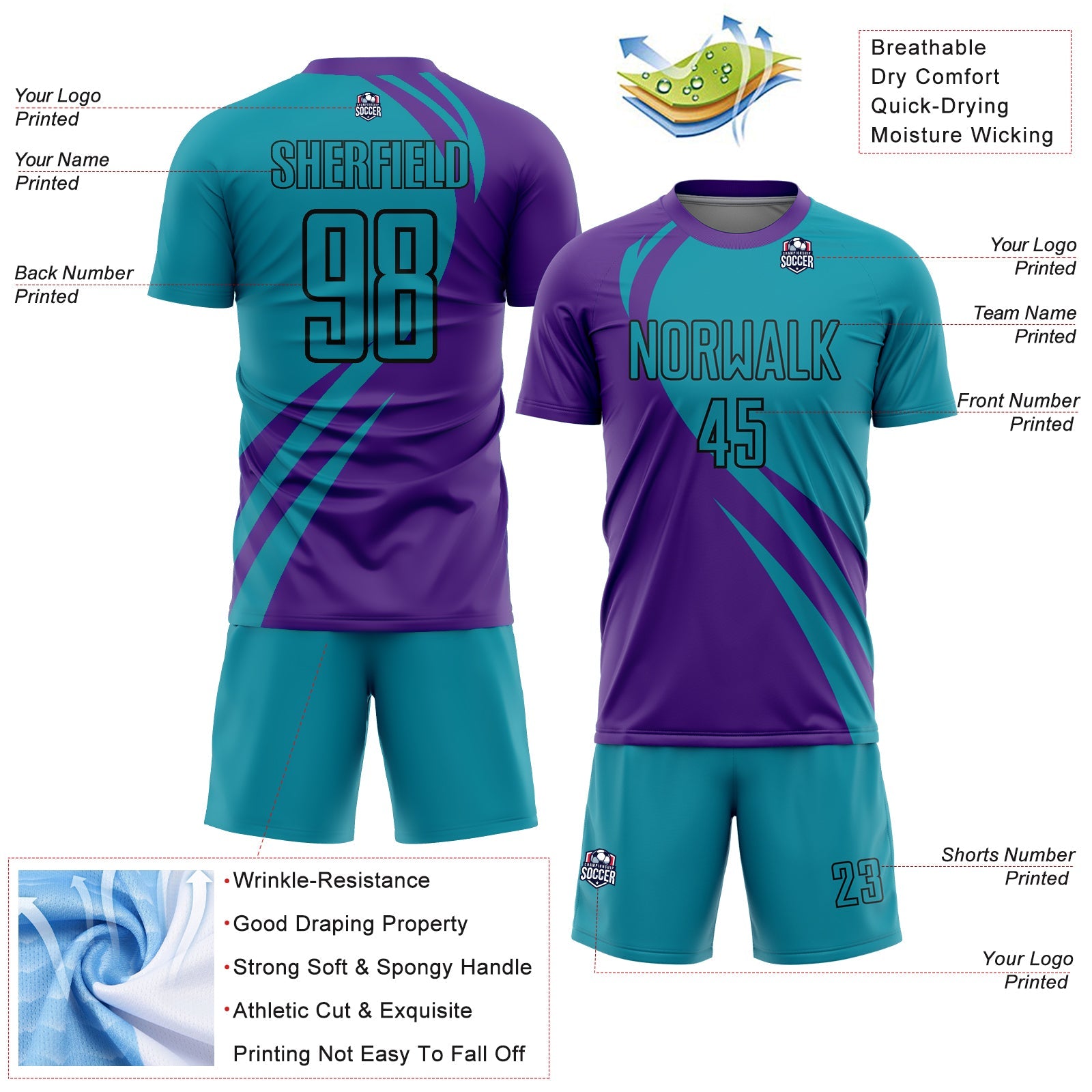 Custom Purple Teal-Black Curve Lines Sublimation Soccer Uniform Jersey view 4