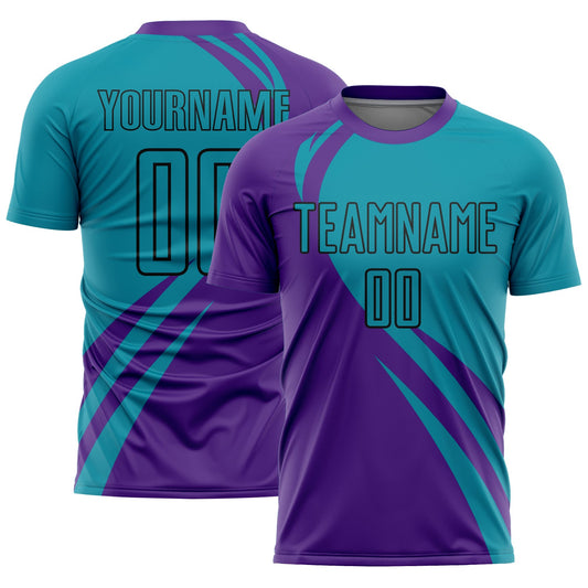 Custom Purple Teal-Black Curve Lines Sublimation Soccer Uniform Jersey - Main View