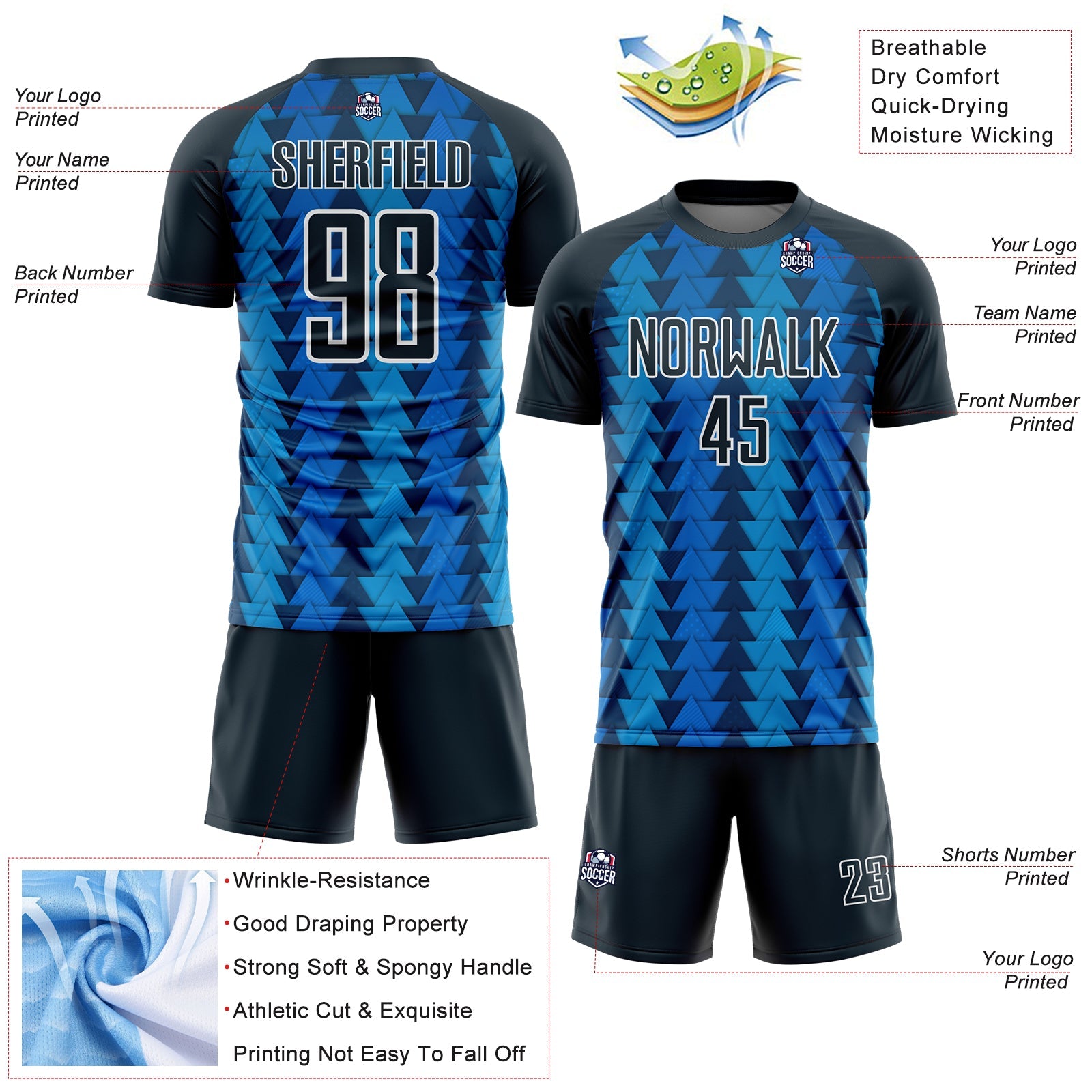 Custom US Navy Blue Navy-White Triangle Shapes Sublimation Soccer Uniform Jersey view 4