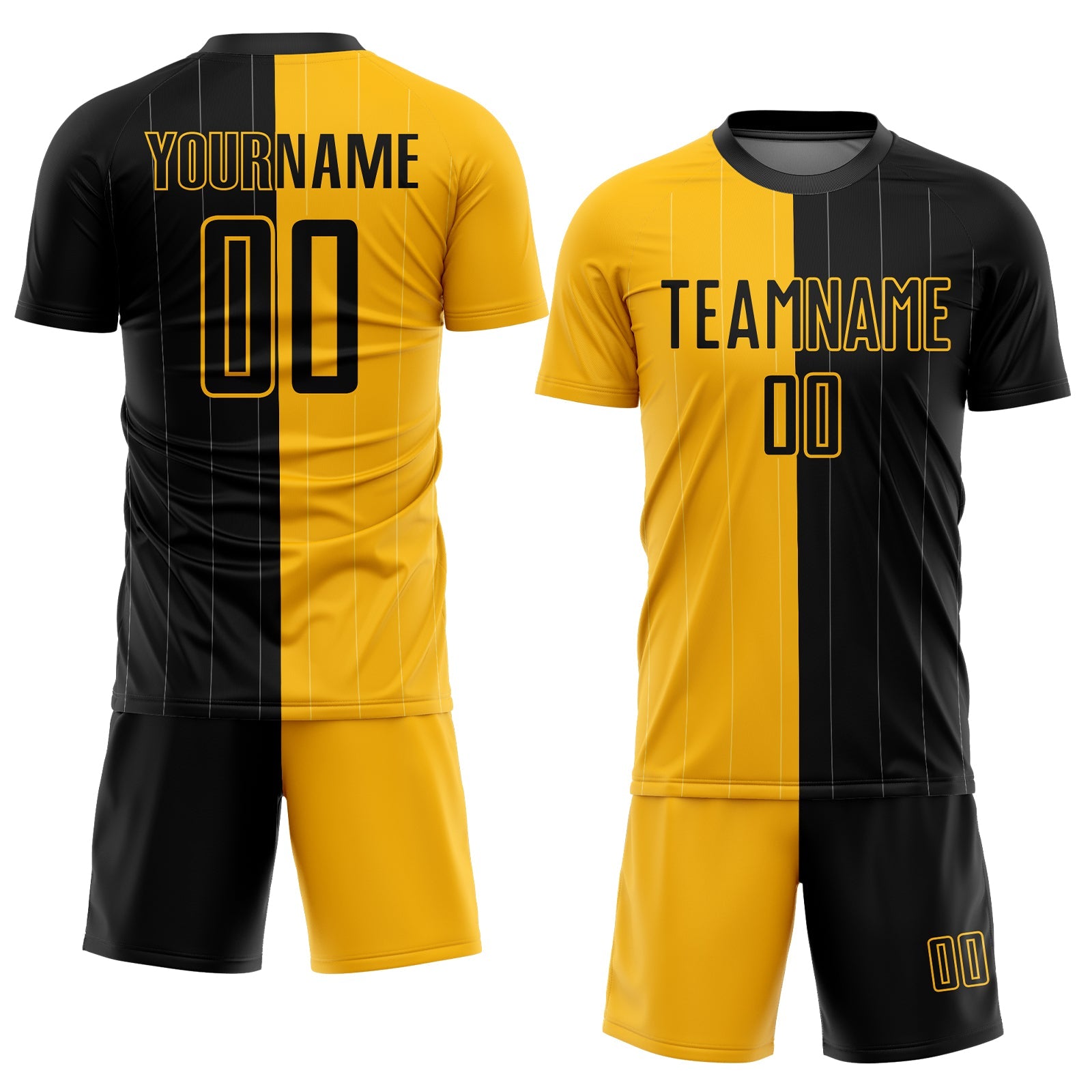 Custom Gold Black Pinstripe Split Fashion Sublimation Soccer Uniform Jersey view 2