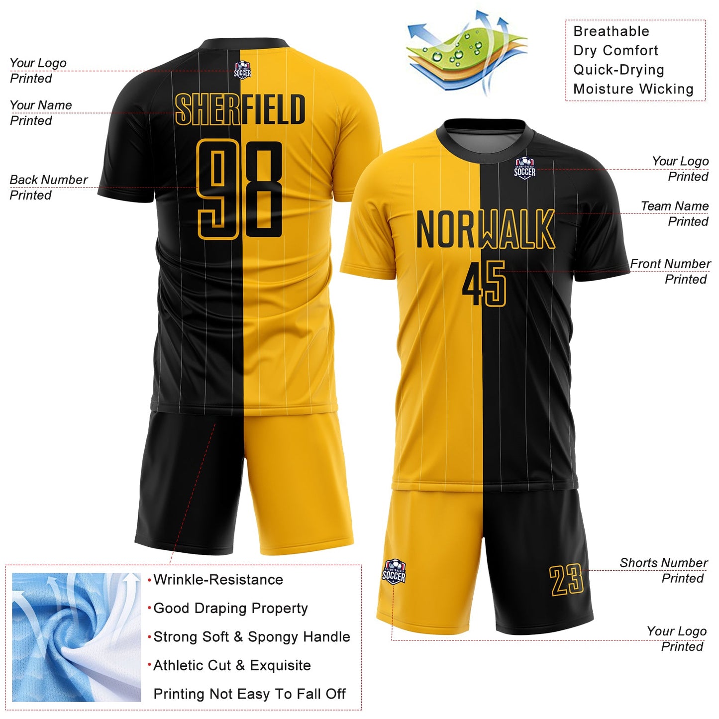Custom Gold Black Pinstripe Split Fashion Sublimation Soccer Uniform Jersey view 4