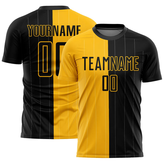 Custom Gold Black Pinstripe Split Fashion Sublimation Soccer Uniform Jersey - Main View
