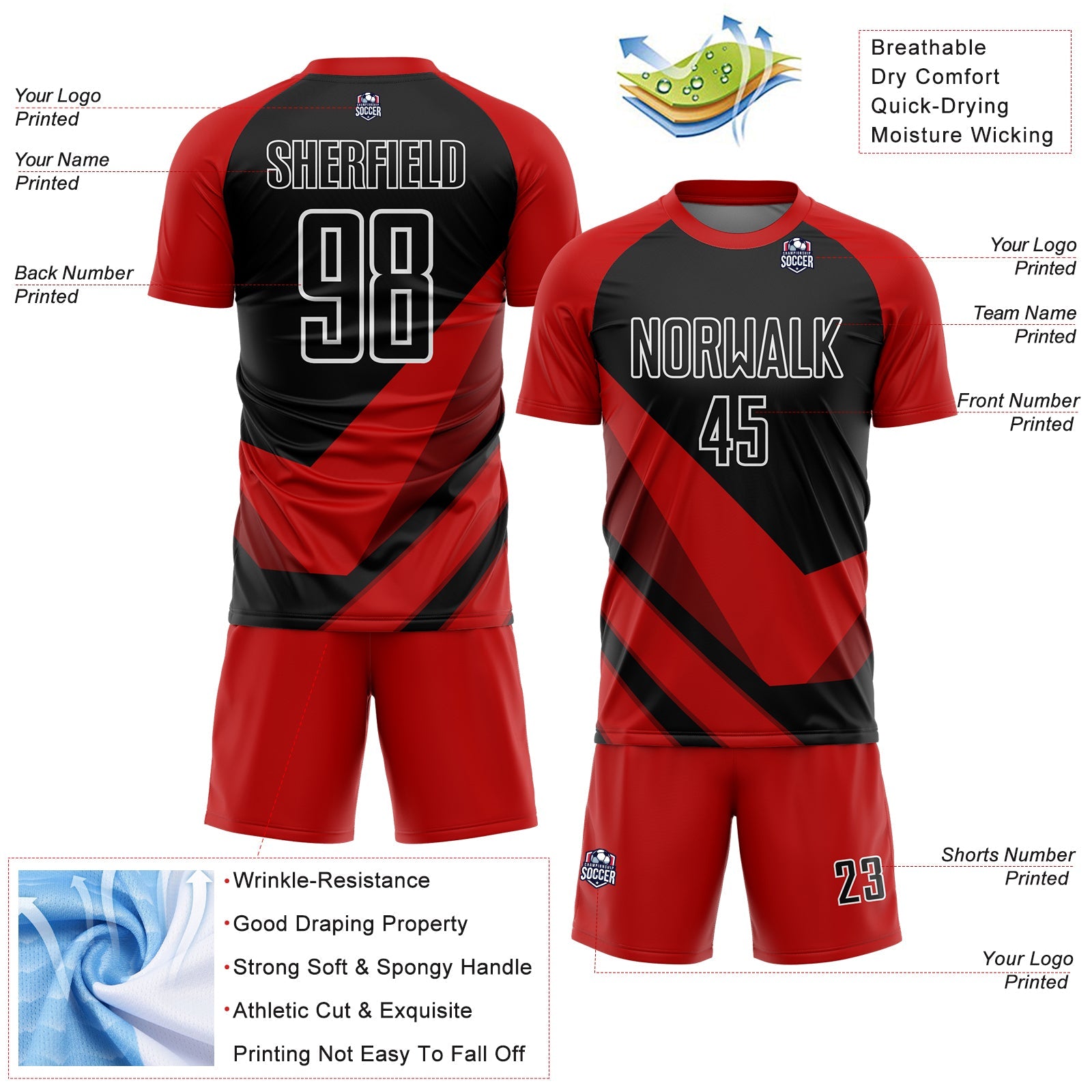 Custom Red Black-White Arrow Shapes Sublimation Soccer Uniform Jersey view 4