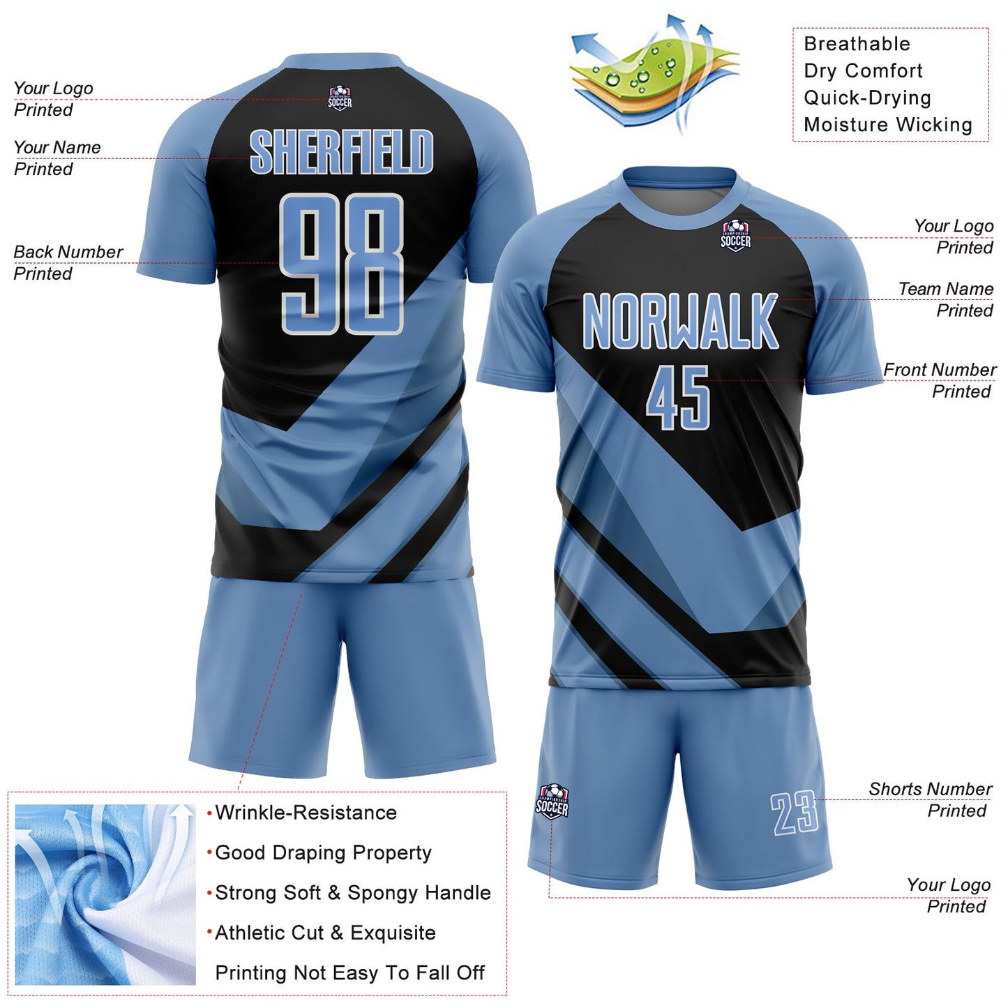 Custom Light Blue Black-White Arrow Shapes Sublimation Soccer Uniform Jersey view 4