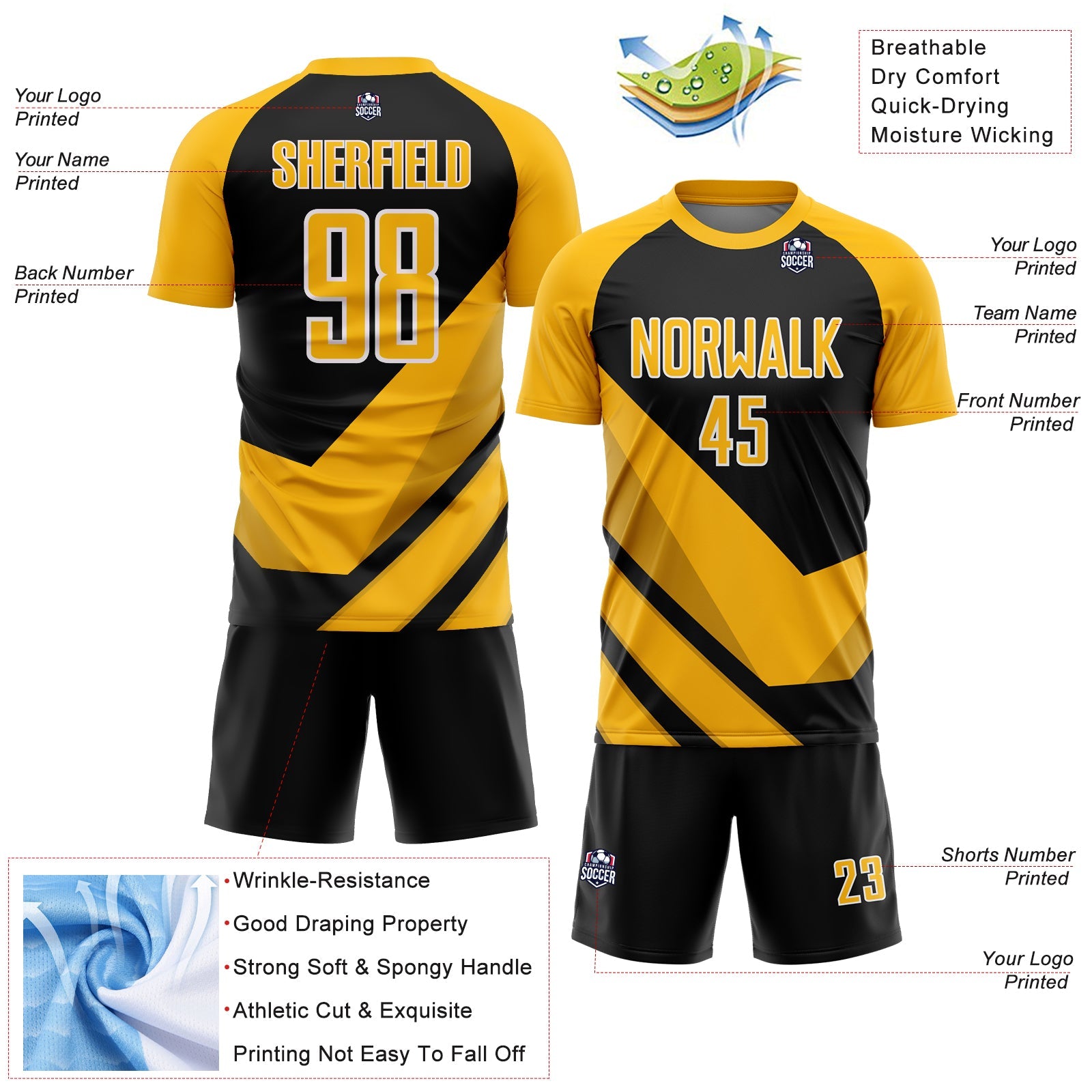 Custom Gold Black-White Arrow Shapes Sublimation Soccer Uniform Jersey view 4