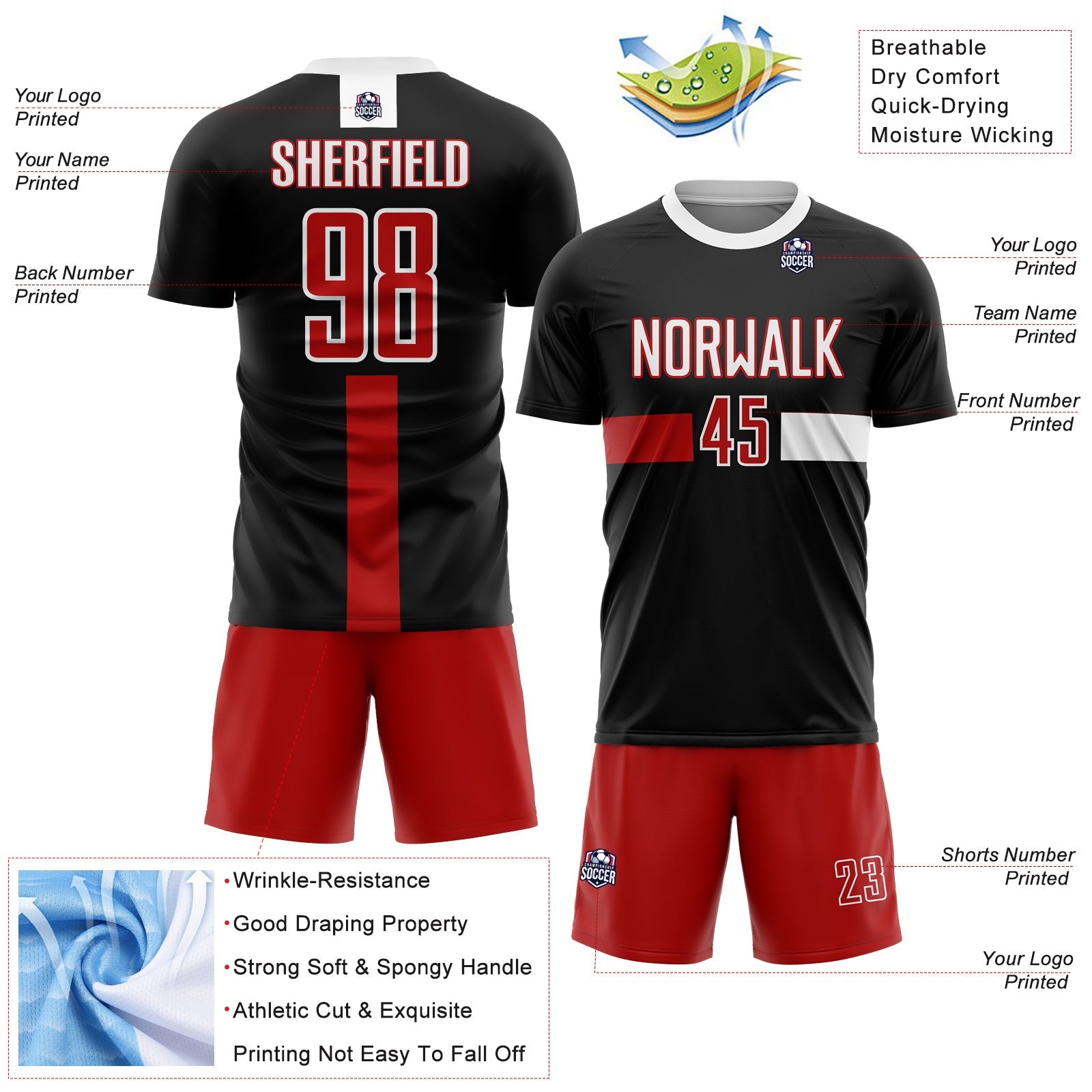 Custom Black Red-White Sublimation Soccer Uniform Jersey view 4