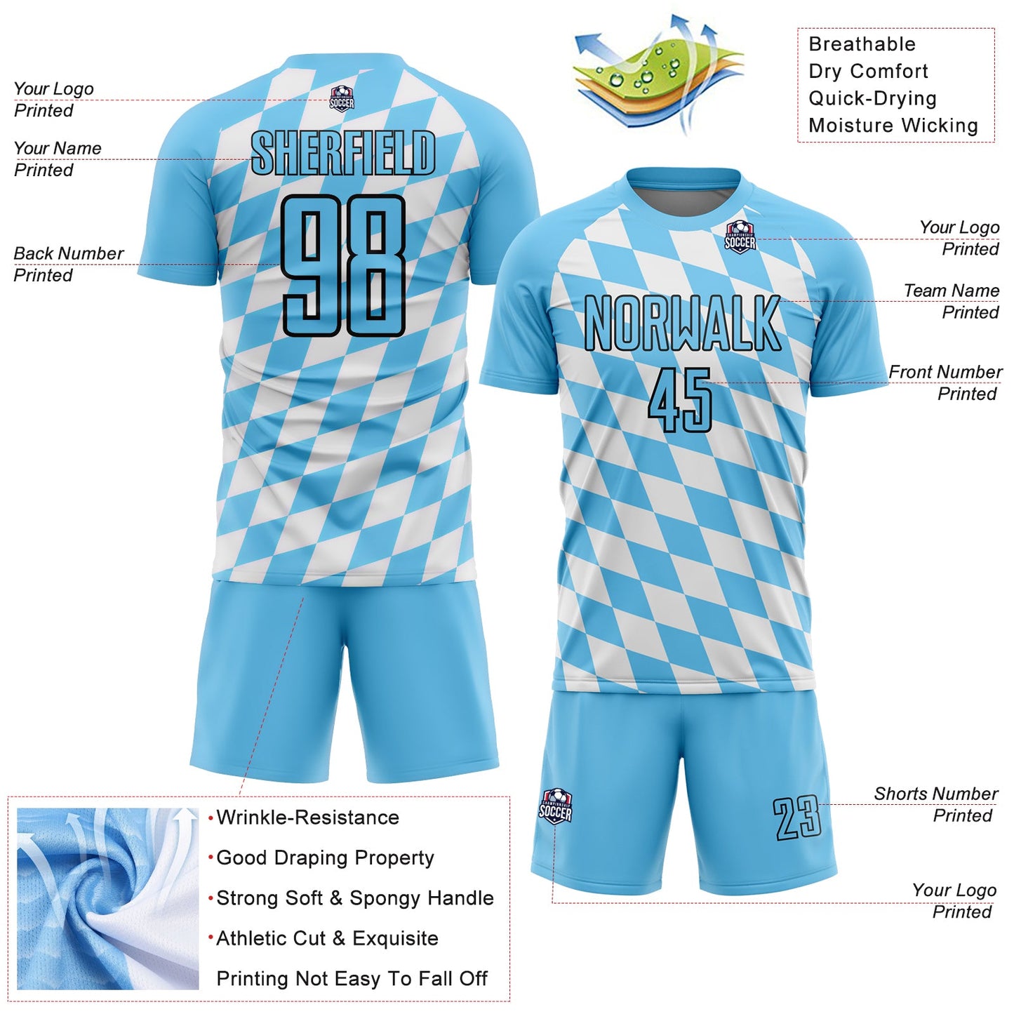 Custom White Sky Blue-Black Bavarian Flag Sublimation Soccer Uniform Jersey view 4