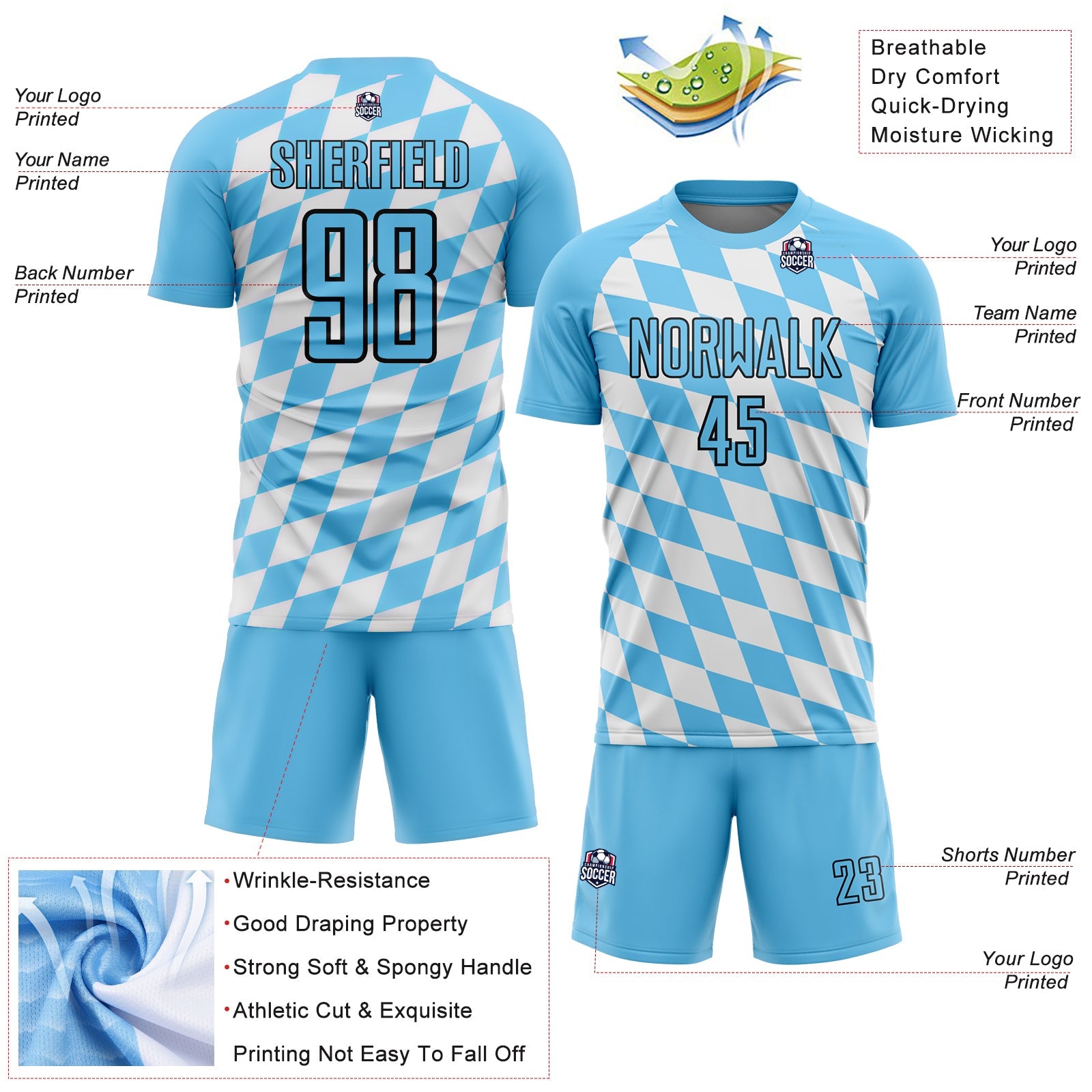 Custom White Sky Blue-Black Bavarian Flag Sublimation Soccer Uniform Jersey view 4