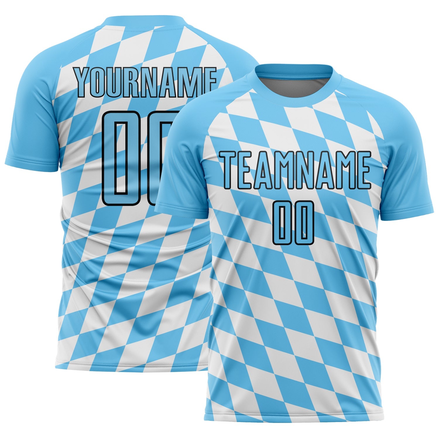 Custom White Sky Blue-Black Bavarian Flag Sublimation Soccer Uniform Jersey - Main View