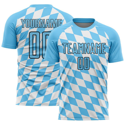 Custom White Sky Blue-Black Bavarian Flag Sublimation Soccer Uniform Jersey - Main View