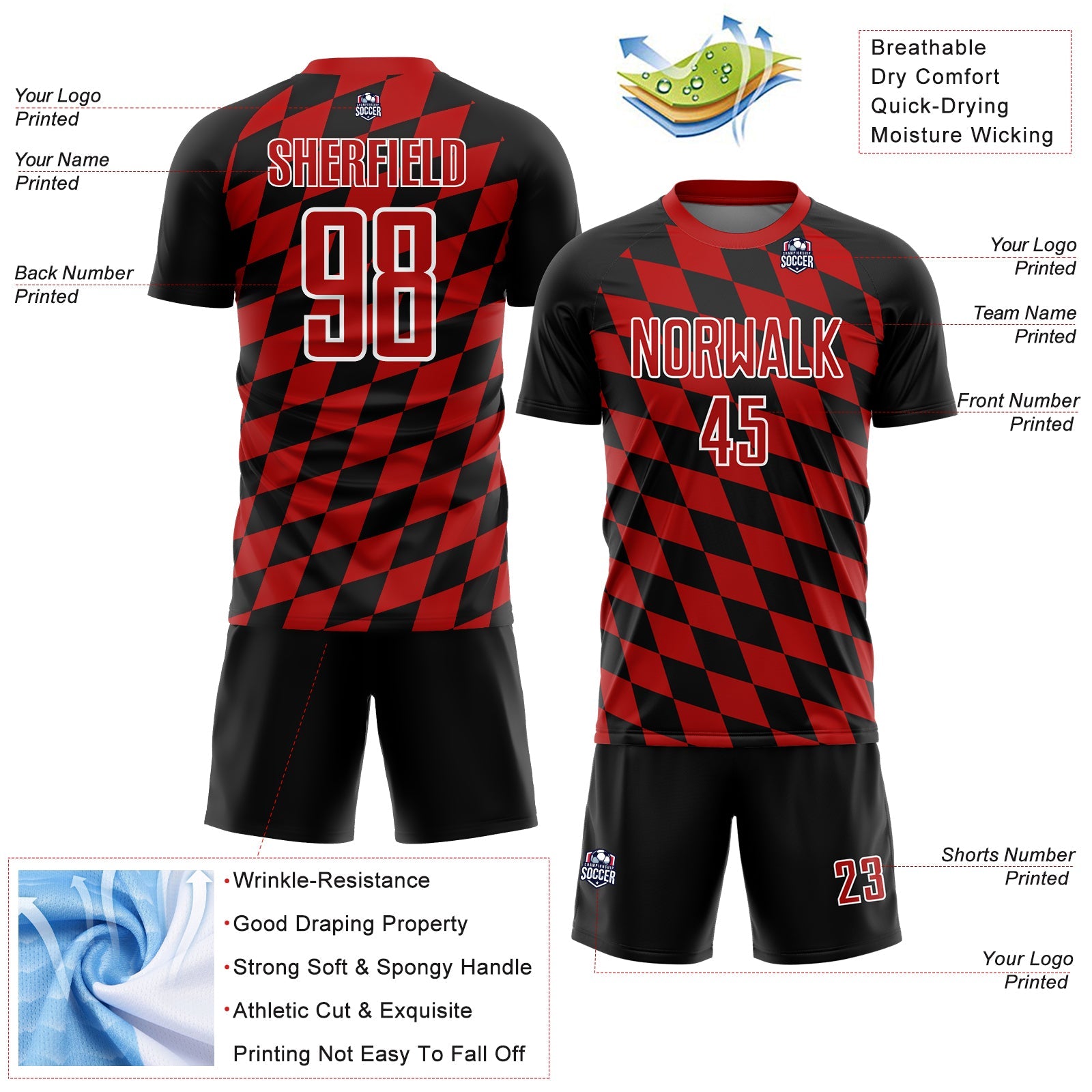 Custom Black Red-White Rhombus Print Sublimation Soccer Uniform Jersey view 4