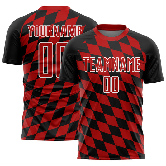 Custom Black Red-White Rhombus Print Sublimation Soccer Uniform Jersey - Main View