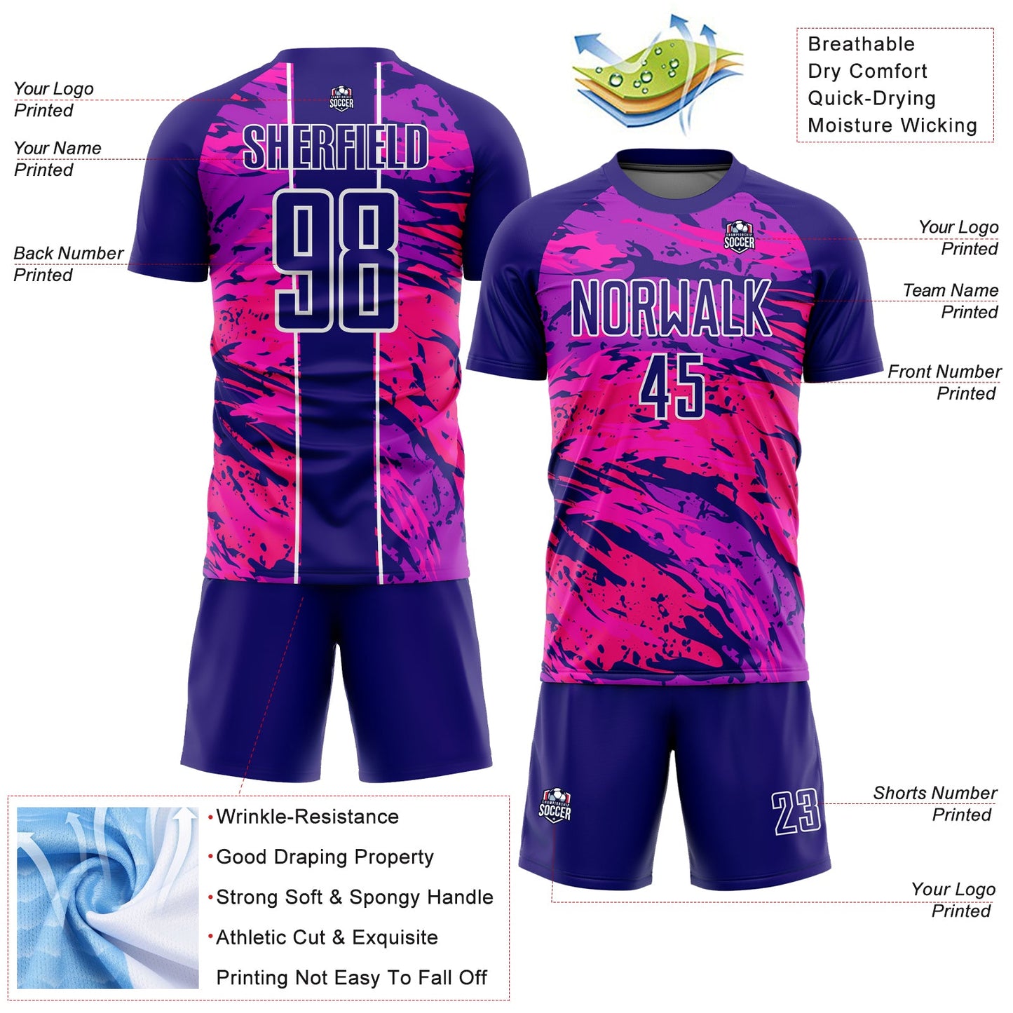 Custom Dark Purple Hot Pink-White Abstract Fluid Sublimation Soccer Uniform Jersey view 4