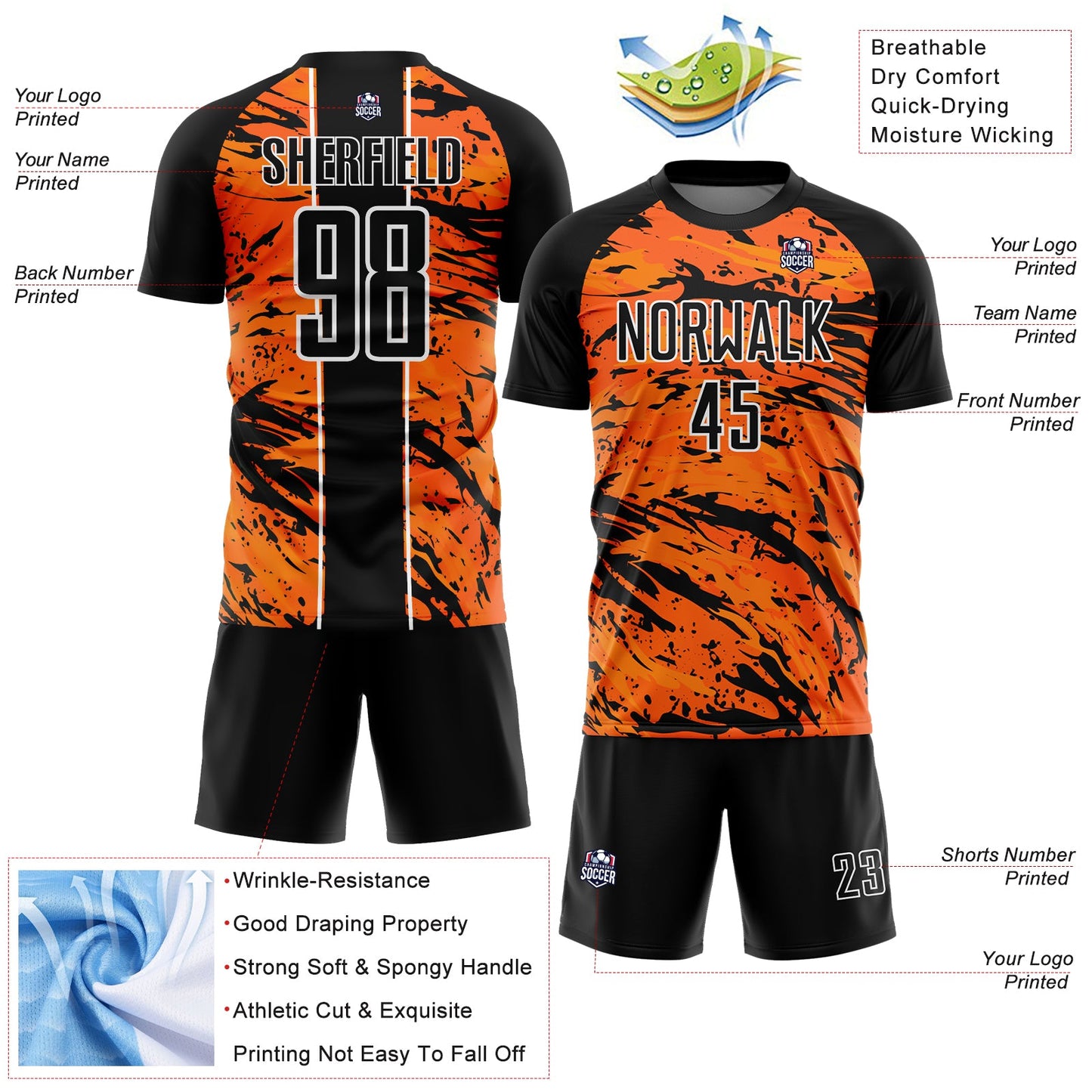 Custom Bay Orange Black-White Abstract Fluid Sublimation Soccer Uniform Jersey view 4