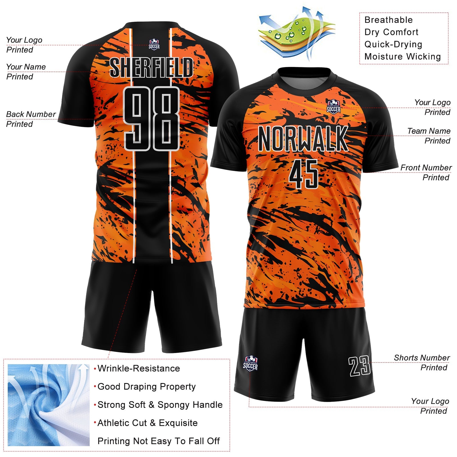 Custom Bay Orange Black-White Abstract Fluid Sublimation Soccer Uniform Jersey view 4