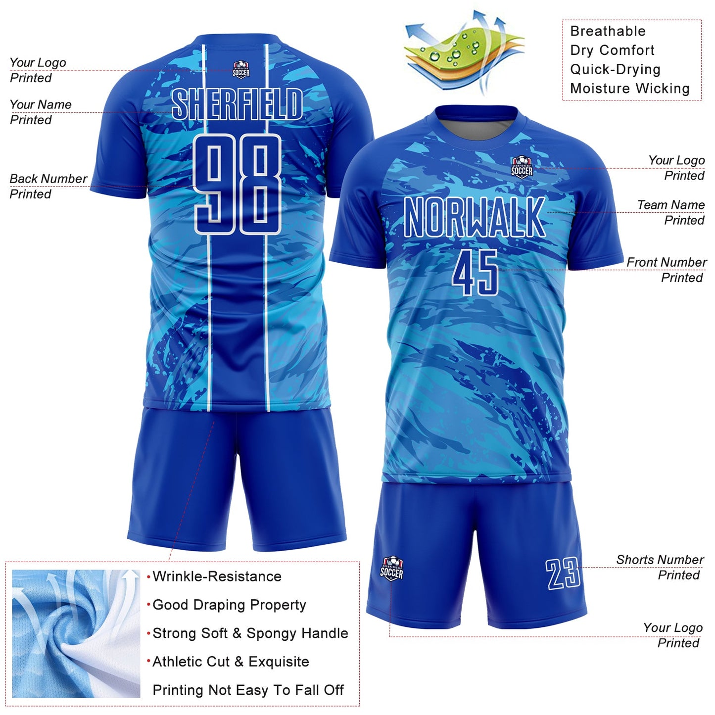 Custom Thunder Blue Sky Blue-White Abstract Fluid Sublimation Soccer Uniform Jersey view 4