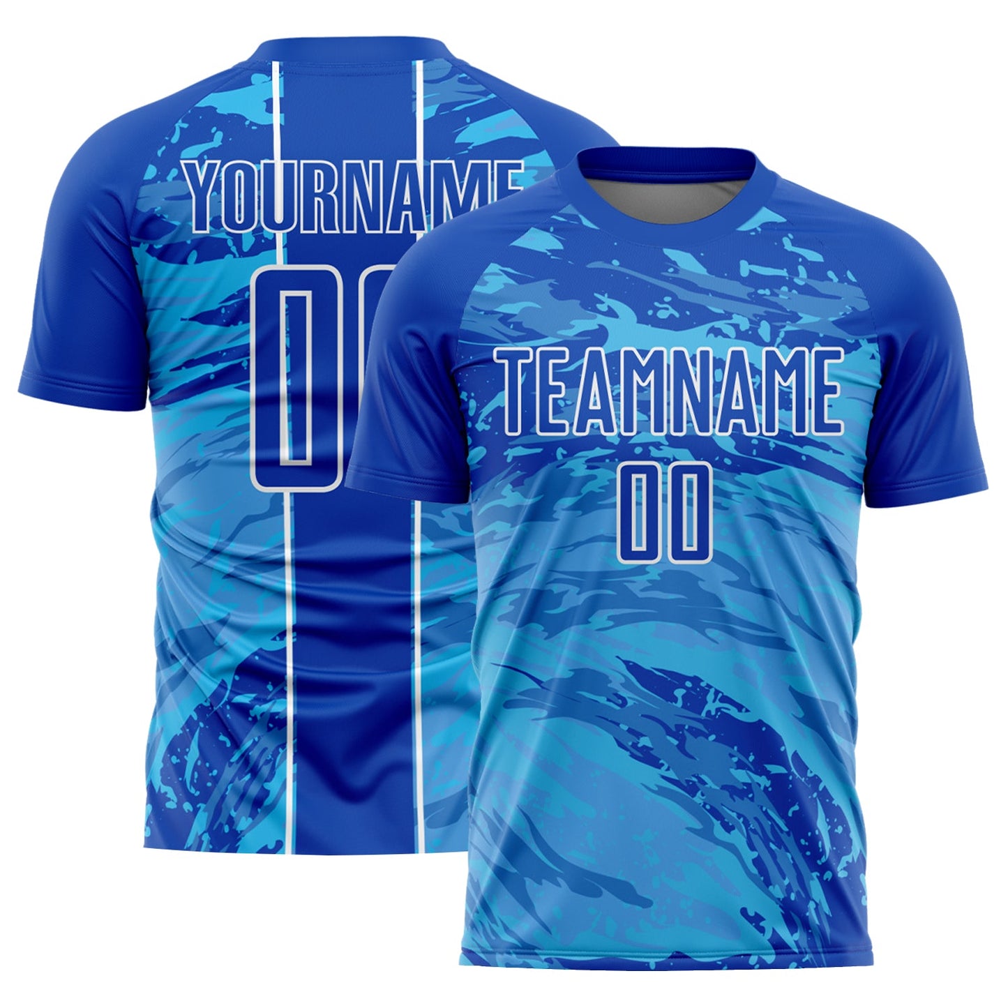 Custom Thunder Blue Sky Blue-White Abstract Fluid Sublimation Soccer Uniform Jersey - Main View