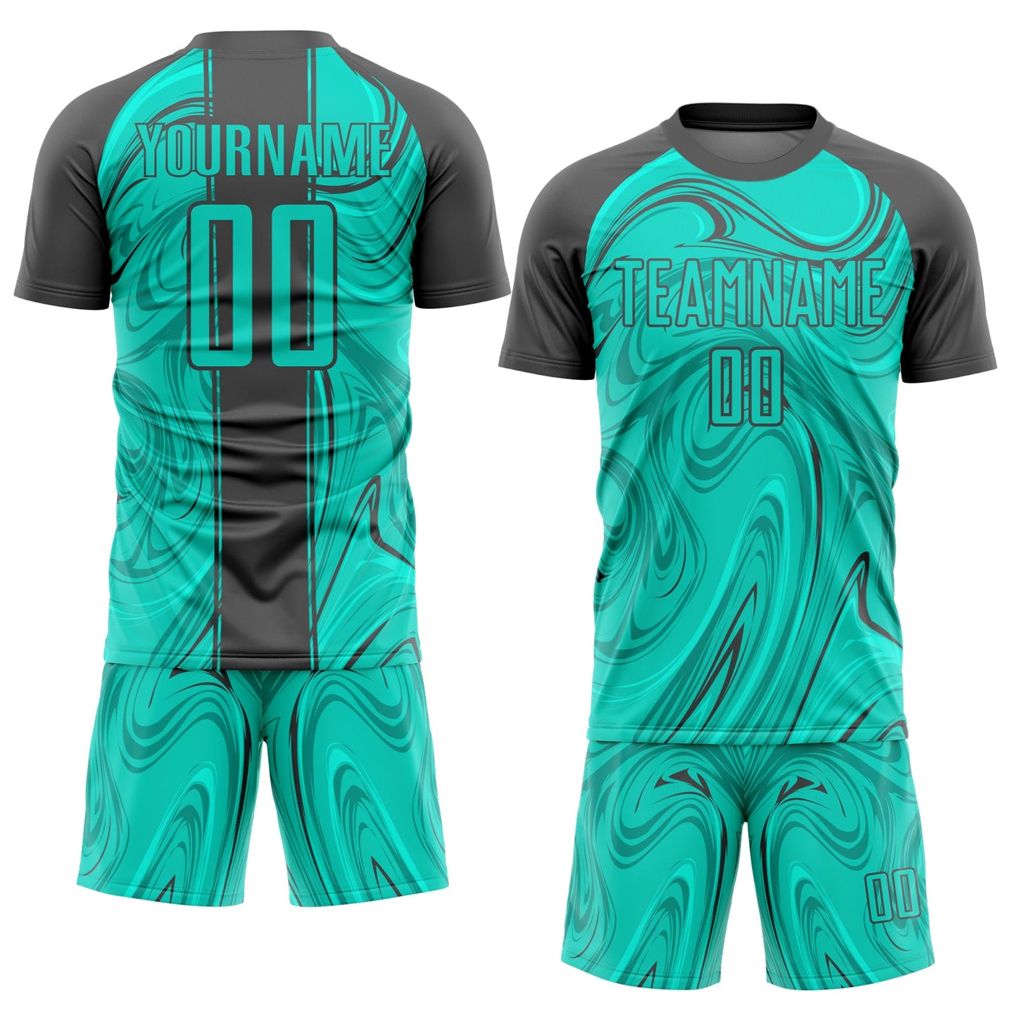 Custom Aqua Steel Gray Abstract Fluid Sublimation Soccer Uniform Jersey view 2