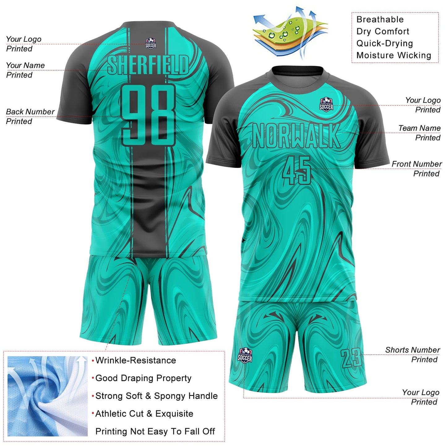 Custom Aqua Steel Gray Abstract Fluid Sublimation Soccer Uniform Jersey view 4