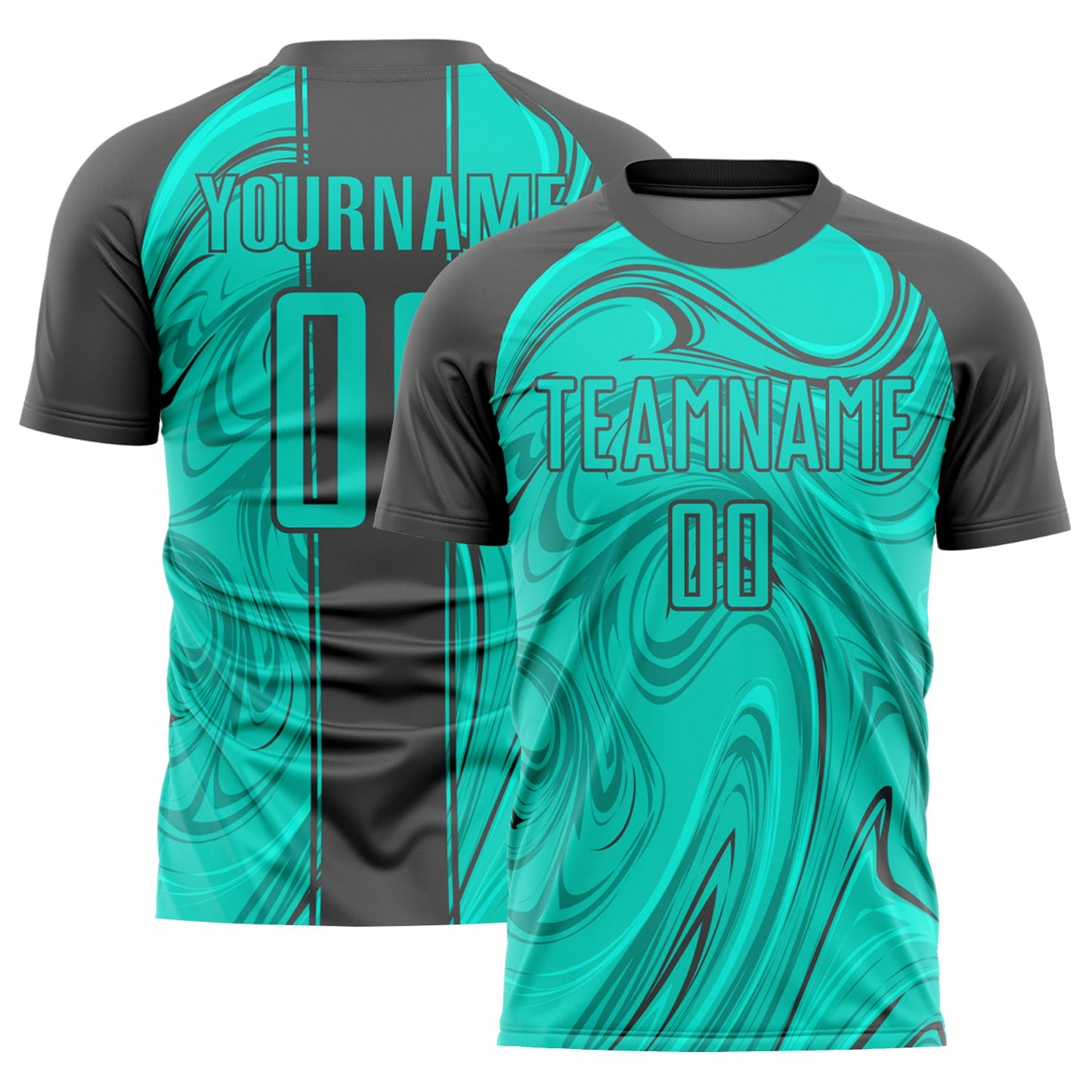 Custom Aqua Steel Gray Abstract Fluid Sublimation Soccer Uniform Jersey - Main View