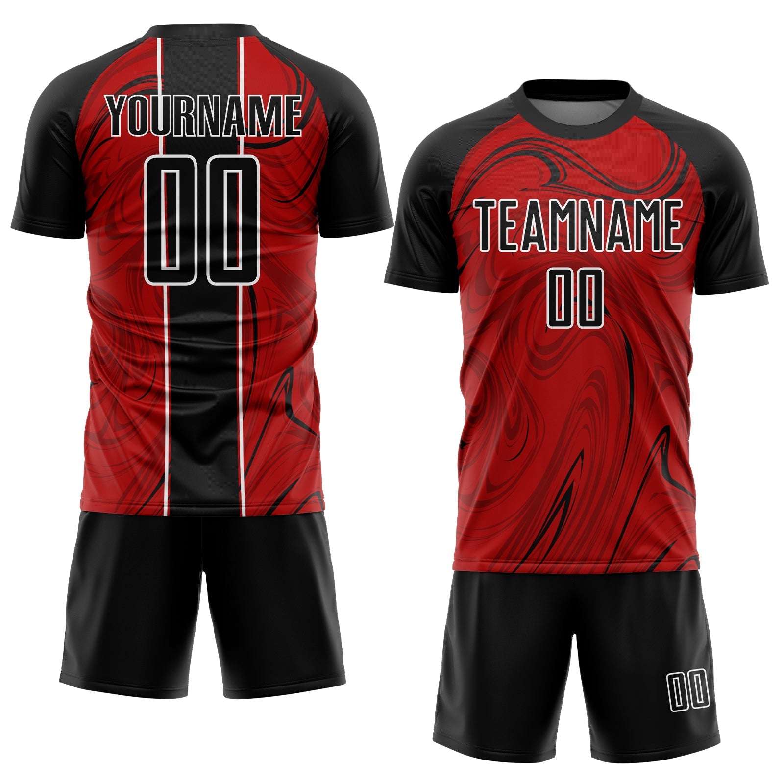 Custom Red Black-White Abstract Fluid Sublimation Soccer Uniform Jersey view 2