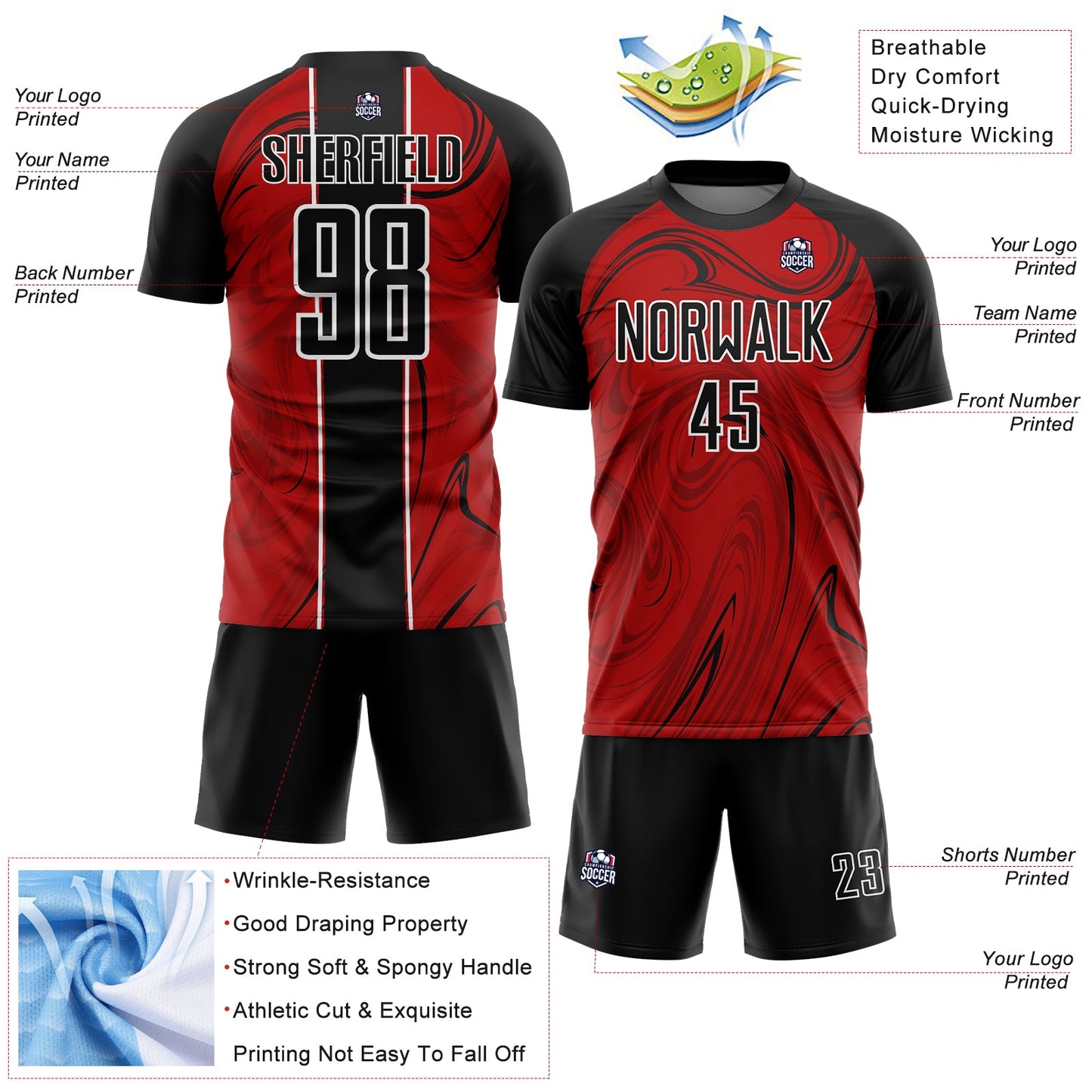 Custom Red Black-White Abstract Fluid Sublimation Soccer Uniform Jersey view 4