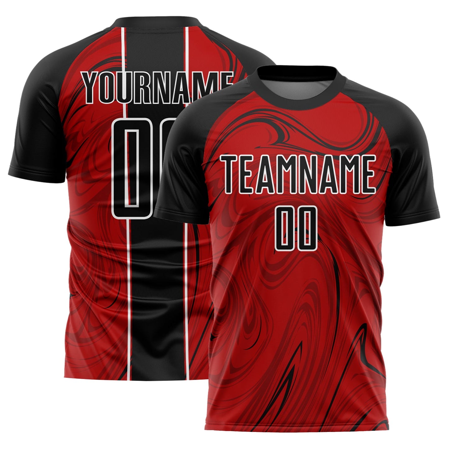 Custom Red Black-White Abstract Fluid Sublimation Soccer Uniform Jersey - Main View